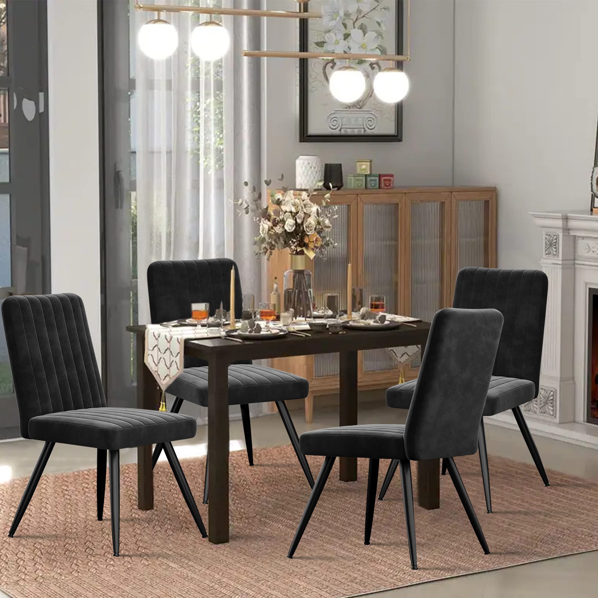Modern Velvet Dining Chairs Set of 2 - Upholstered Mid Century Kitchen Accent Chairs with Metal Legs, Armless Leisure Chairs for Living Room, Office Desk or Dining Area - Black | Perfect for Small Spaces, Apartments and Contemporary Home Decor