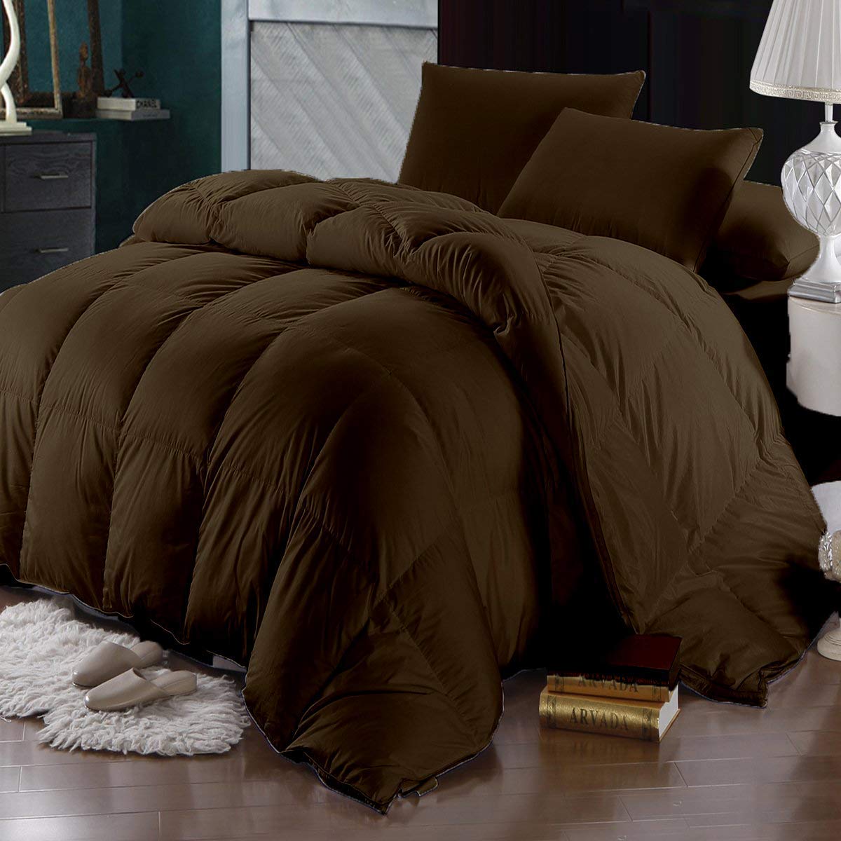 Premium 100% Cotton 500 GSM Down Alternative Comforter Set with 2 Pillowcases - Oversized Queen Size Winter Warm Fluffy Quilted Bedding with Corner Tabs (3PC, Chocolate) - Perfect for Cozy Bedrooms, Guest Rooms & Cold Weather Comfort