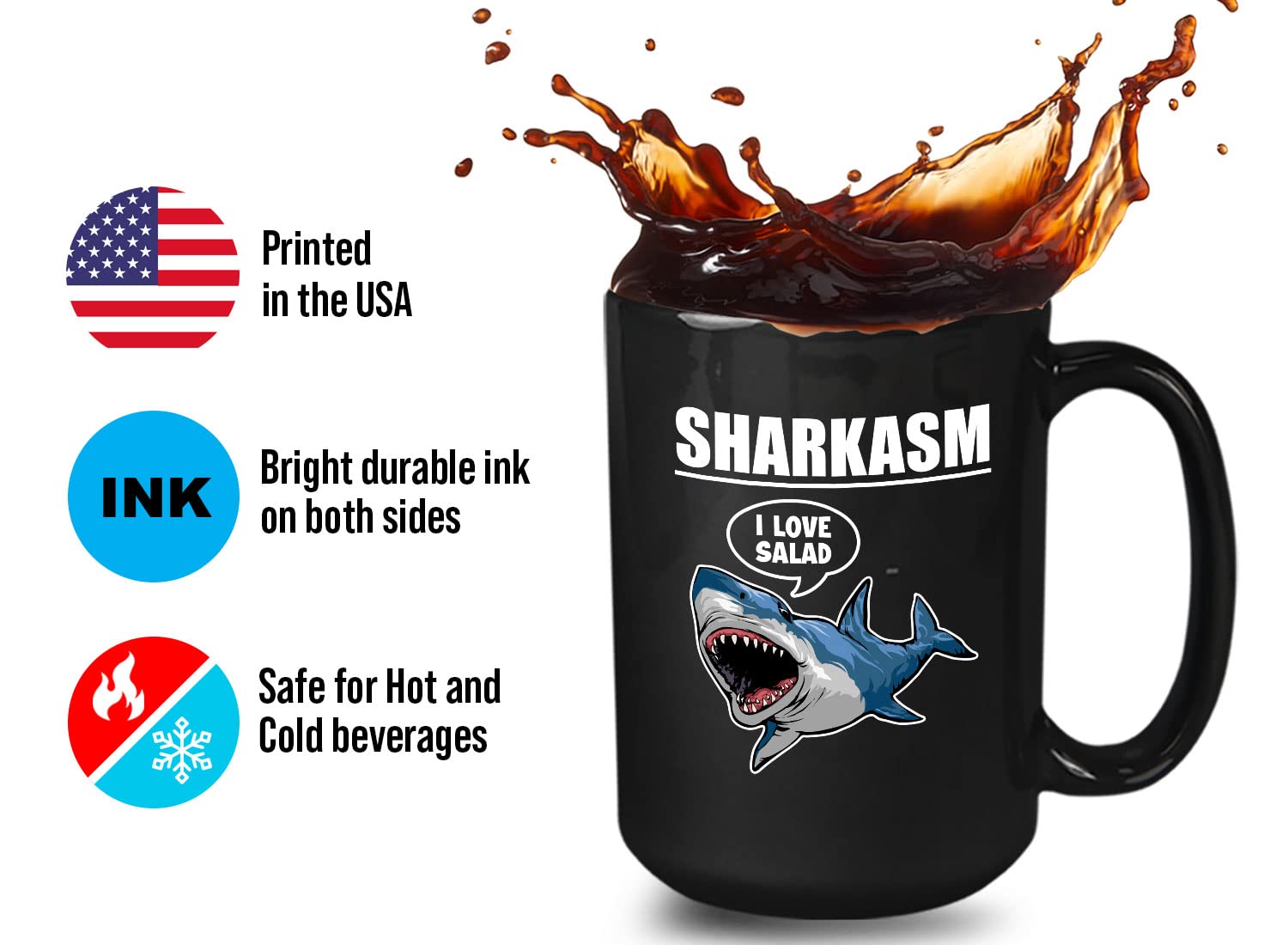 Bubble Hugs Sarcastic Coffee Mug 15oz Black - Sharkasm 'I Love Salad' Funny Shark Lovers Gift - Office Humor for Coworkers, Vegan Jokes - Perfect for Coffee Breaks & Desk Decor