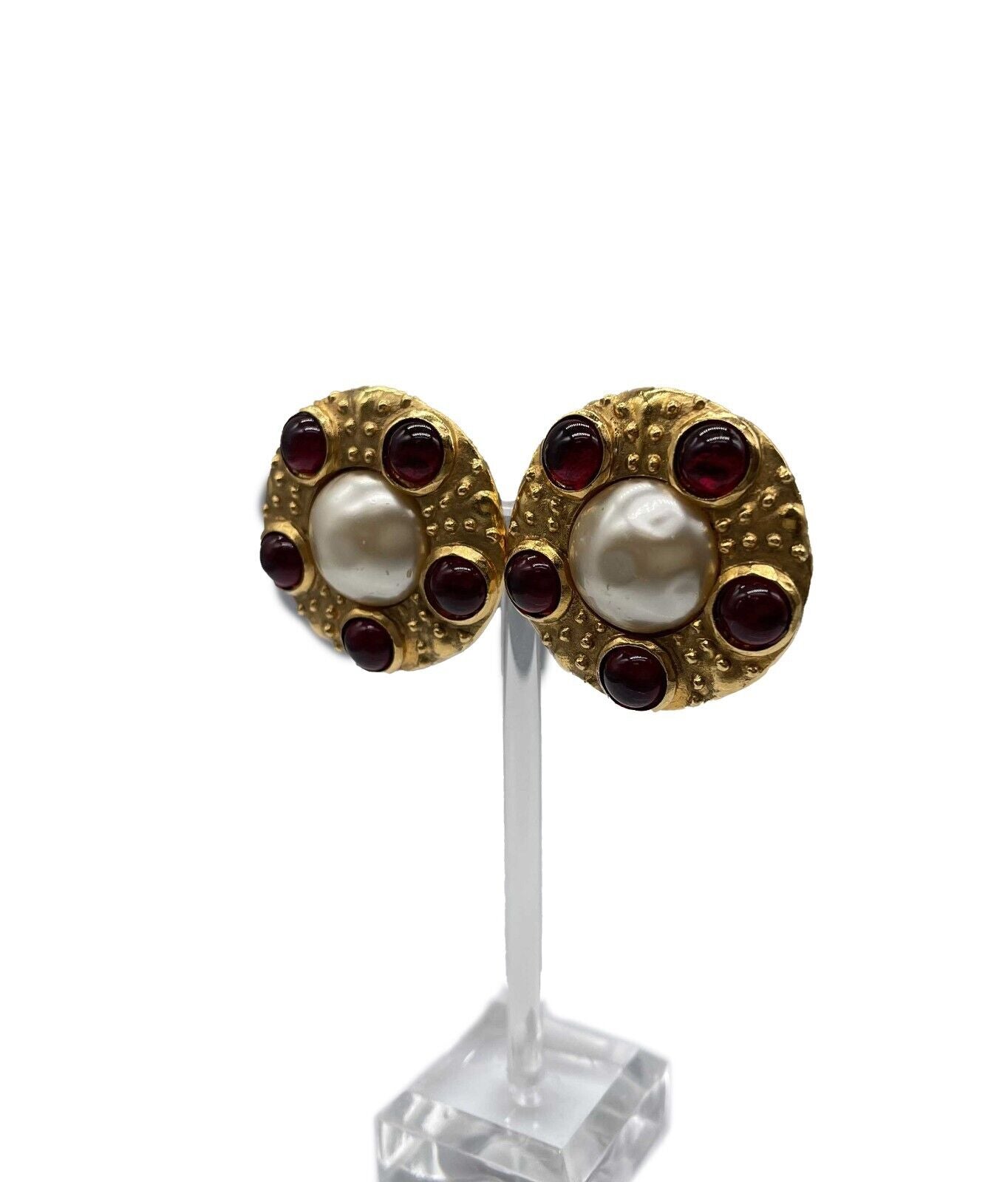 Vintage CHANEL Gripoix Red & White Pearl Clip-On Earrings - Elegant Retro Jewelry for Women, Perfect for Parties, Weddings & Special Occasions