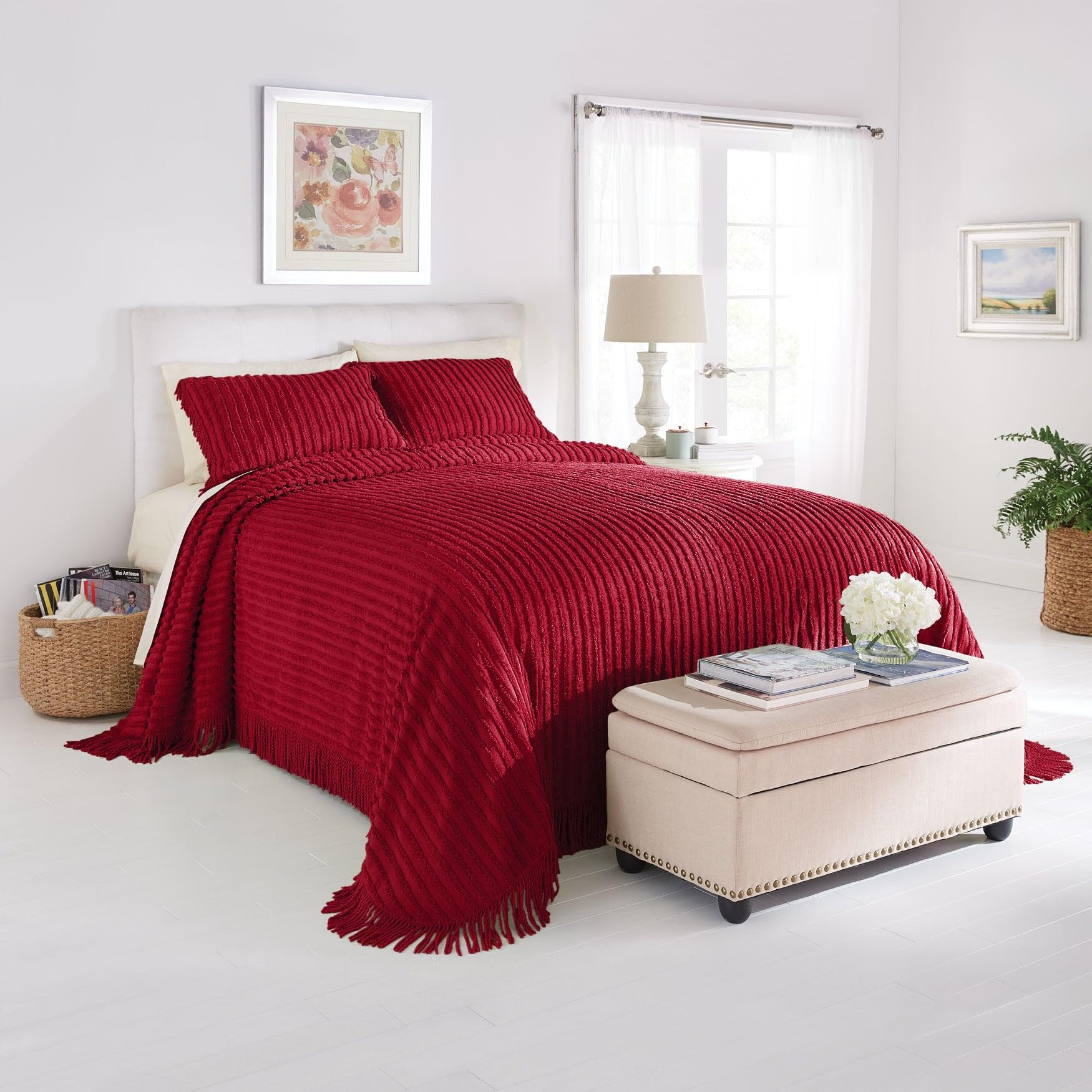 BrylaneHome Oversized Extra Wide Cotton Chenille Bedspread with Fringed Hems - Queen Size Burgundy Luxury Bed Cover for Master Bedroom, Guest Room & Dorm Decor
