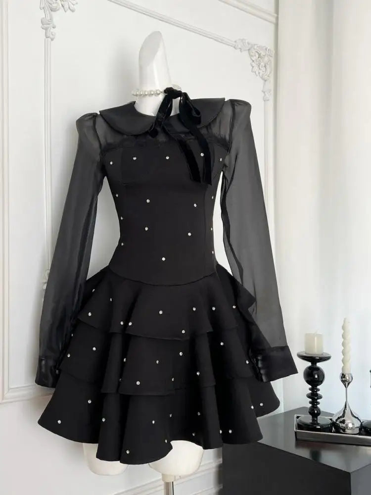 Vintage Black Polka Dot Elegant Long Sleeve Mini Dress for Women - French Inspired Pleated Party Dress for Evening Events, Date Nights & Fall Festivals