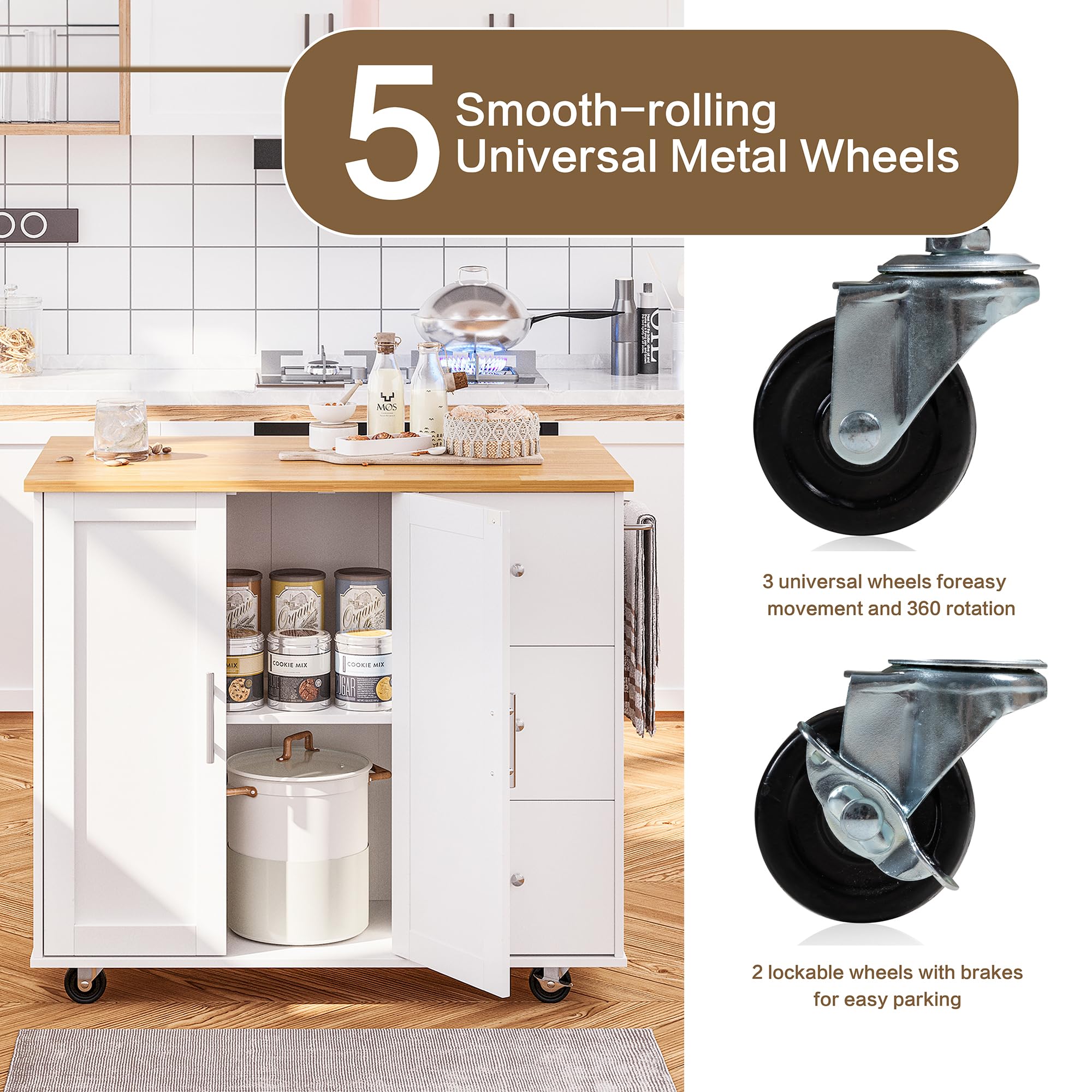 SUNLEI 39.7-Inch White Kitchen Island Cart on Wheels with Storage Cabinet & Foldable Drop Leaf - Portable Rolling Kitchen Table with Towel Handle - Perfect for Small Kitchens, Apartments & Dining Room Prep