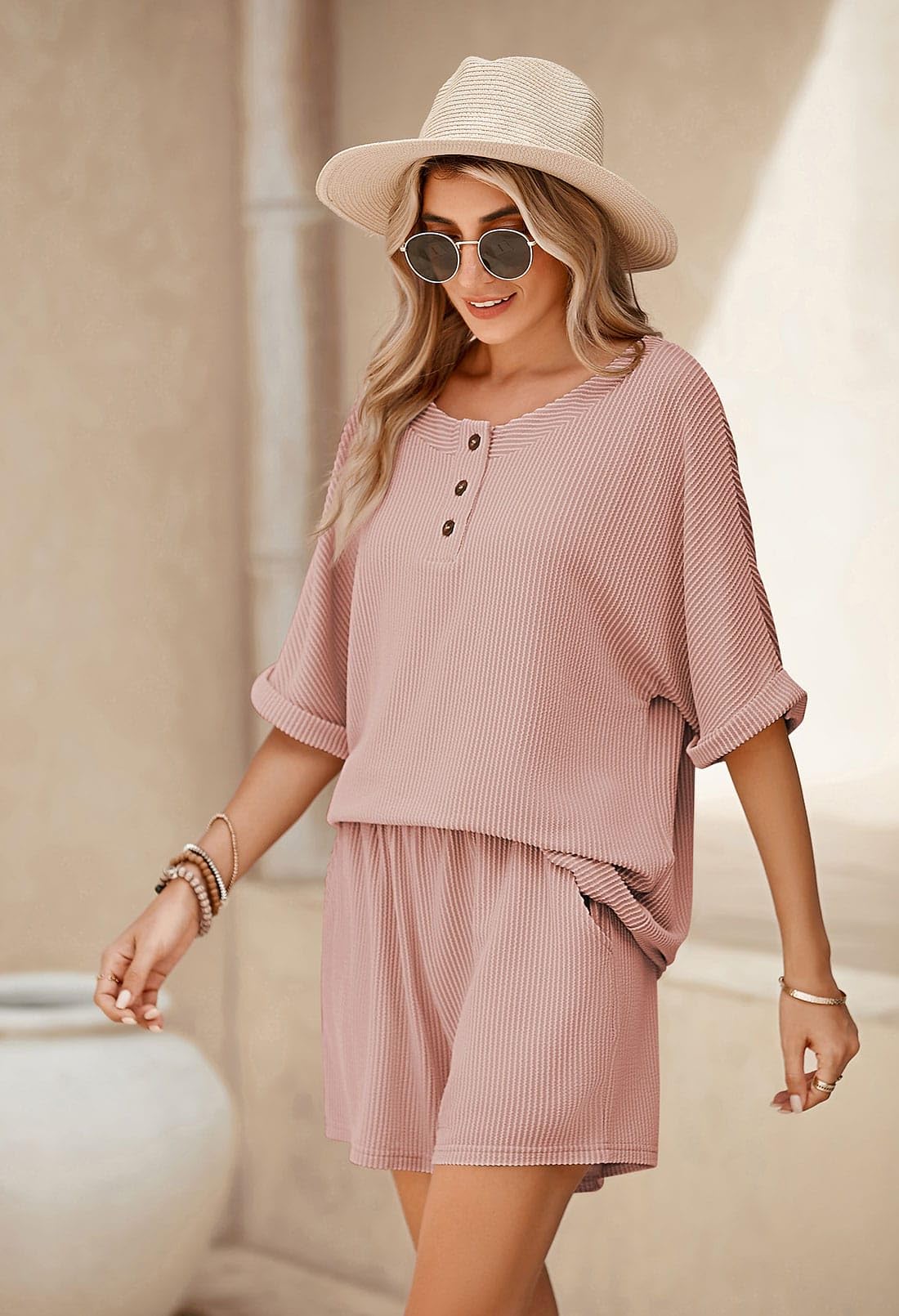 Pink Queen Women's 2-Piece Lounge Set - Soft Short Sleeve Pajama Set with Button Top & Comfortable Pants - Cozy Loungewear for Home, Travel & Casual Outings