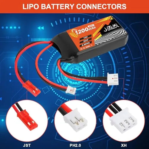 2Pcs 7.4V 1200mAh 2S 40C Lipo Rechargeable Battery with XH/JST/PH2.0 Connectors & Charger - Compatible with FPV Racing Drones, RC Cars, Boats, Quadcopters, Airplanes - Perfect for High-Speed Racing and Long Flight Time
