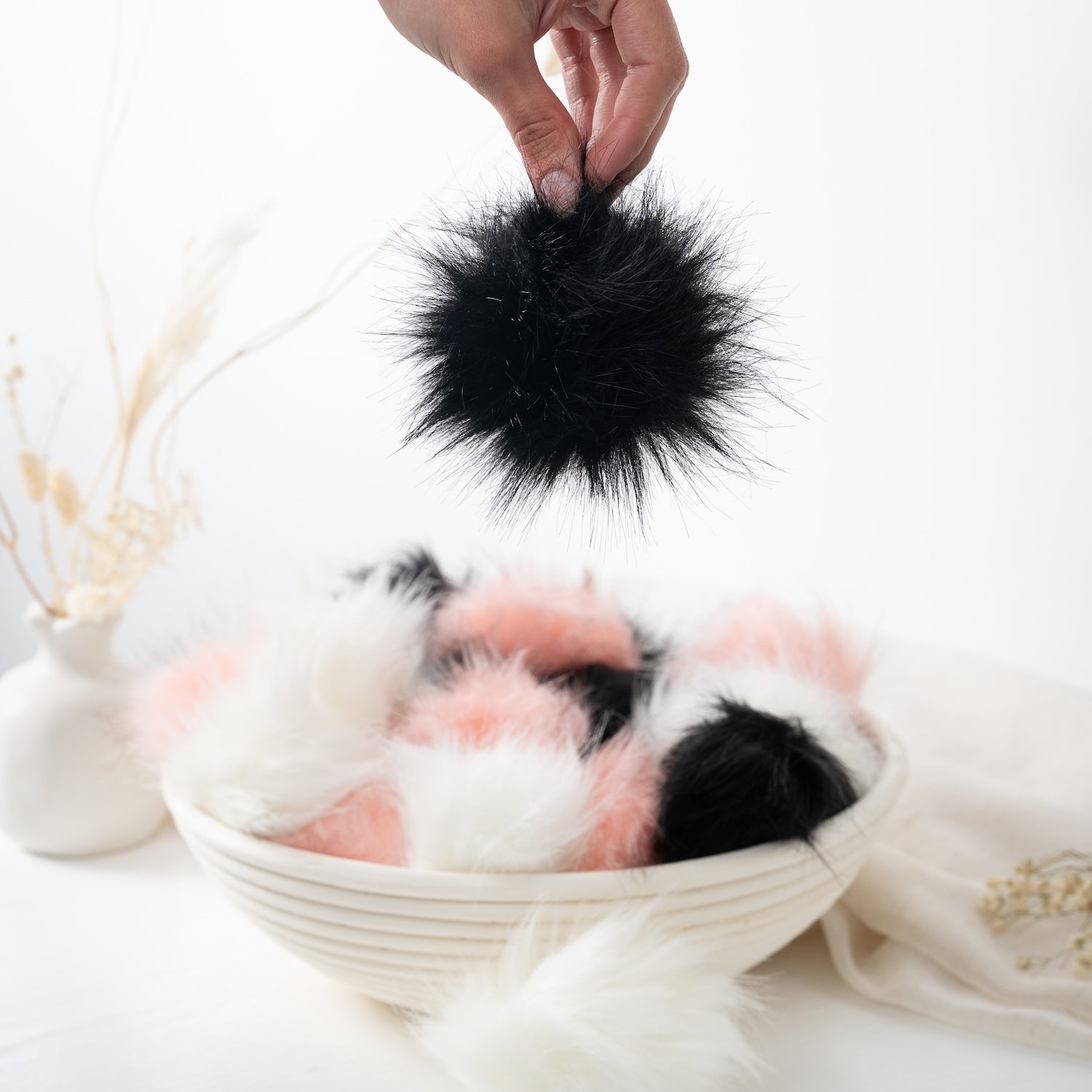 Pink, Black & Cream Fur Pom Pom - Soft & Fluffy Decorative Accessory for Hats, Scarves, Bags & DIY Crafts
