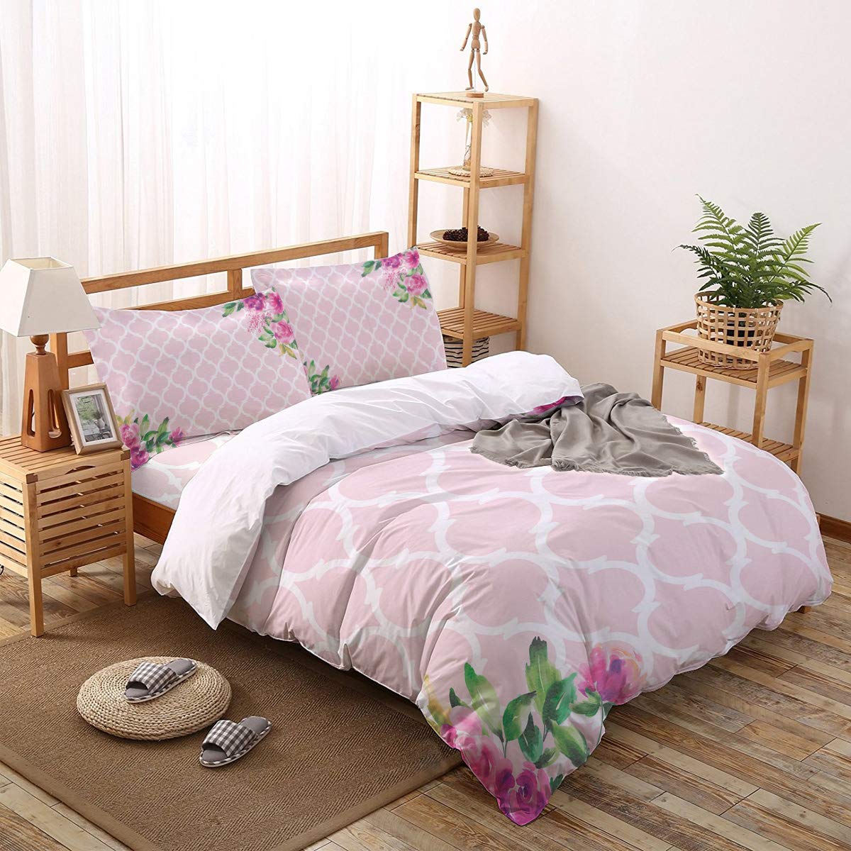King Size 4-Piece Duvet Cover Set - Pink Floral Moroccan Pattern Ultra Soft Brushed Microfiber Bedding for All Seasons | Modern Comforter Cover for Master Bedroom, Guest Room & Dorm