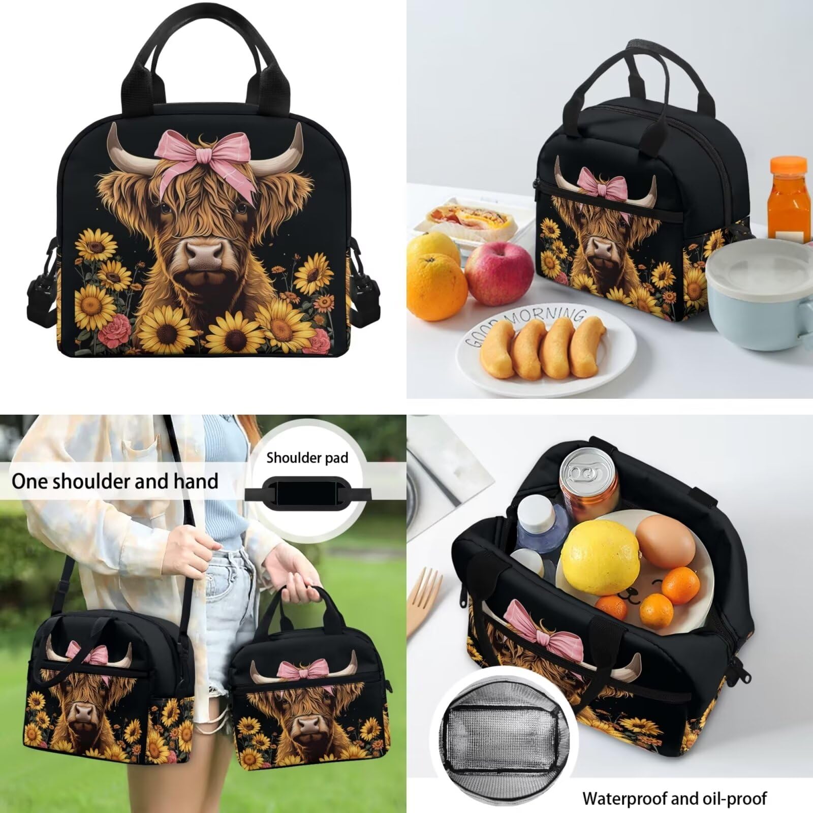 Highland Cow Backpack Set for School - 3 Piece Black Sunflower Bookbag with Lunch Box & Pencil Case | Cute Elementary to Middle School Backpack for Boys | Perfect for Classroom, Day Trips & Back to School Supplies