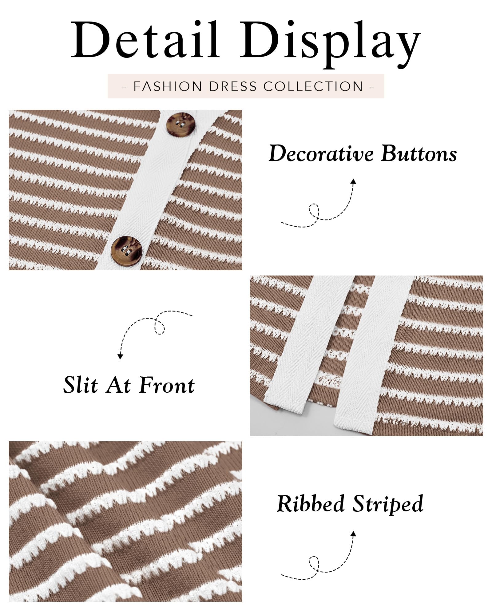 BTFBM Women's Casual Long Sleeve Striped Ribbed Knit Midi Dress with Decorative Buttons | Fall Fashion 2024 | Perfect for Office Wear, Date Nights & Autumn Outings