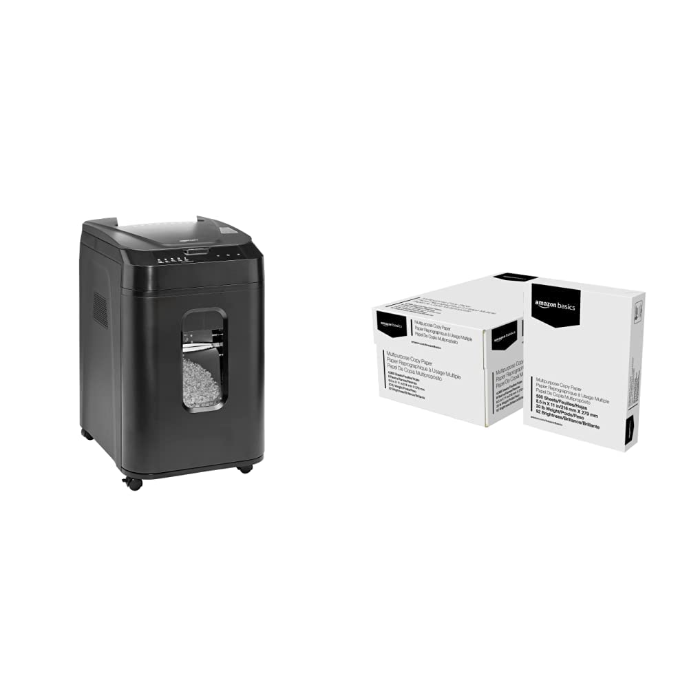 Amazon Basics 150-Sheet Autofeed Micro-Cut Paper Shredder & Multipurpose Copy Printer Paper, 8.5 x 11 Inch 20Lb - 8 Ream Case (4,000 Sheets), 92 GE Bright White for Office, Home & School Use