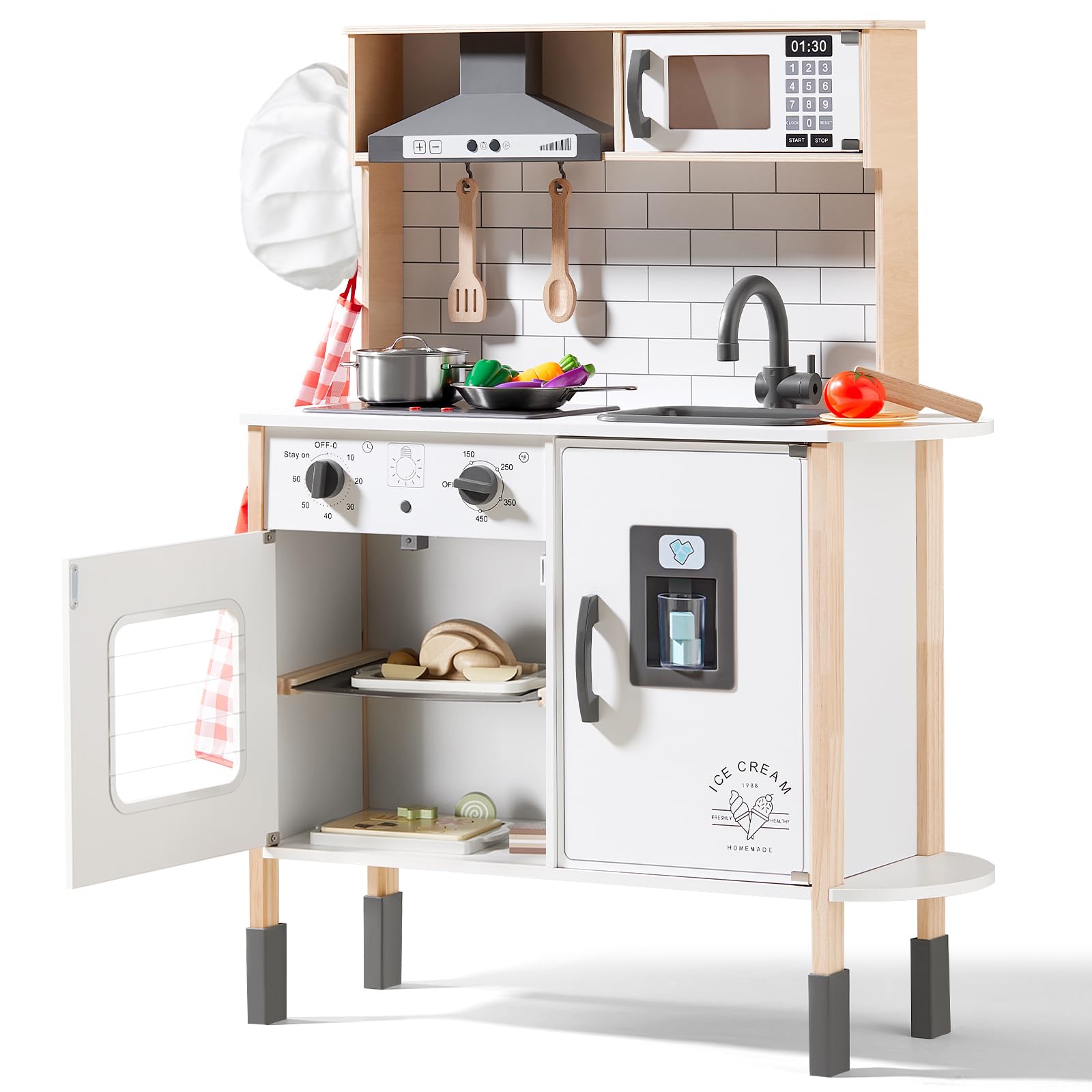 Tiny Land Wooden Play Kitchen Set for Kids - Realistic Pretend Chef Toy with Lights & Sounds, Includes 18-Piece Toy Food & Cookware Accessories - Perfect for Toddlers Role Play & Early Learning Fun
