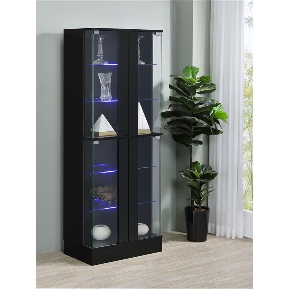 Pemberly Row Wood Display Case Curio Cabinet with LED Lighting - Black High Gloss Finish for Collectibles, China, and Home Decor Showcase