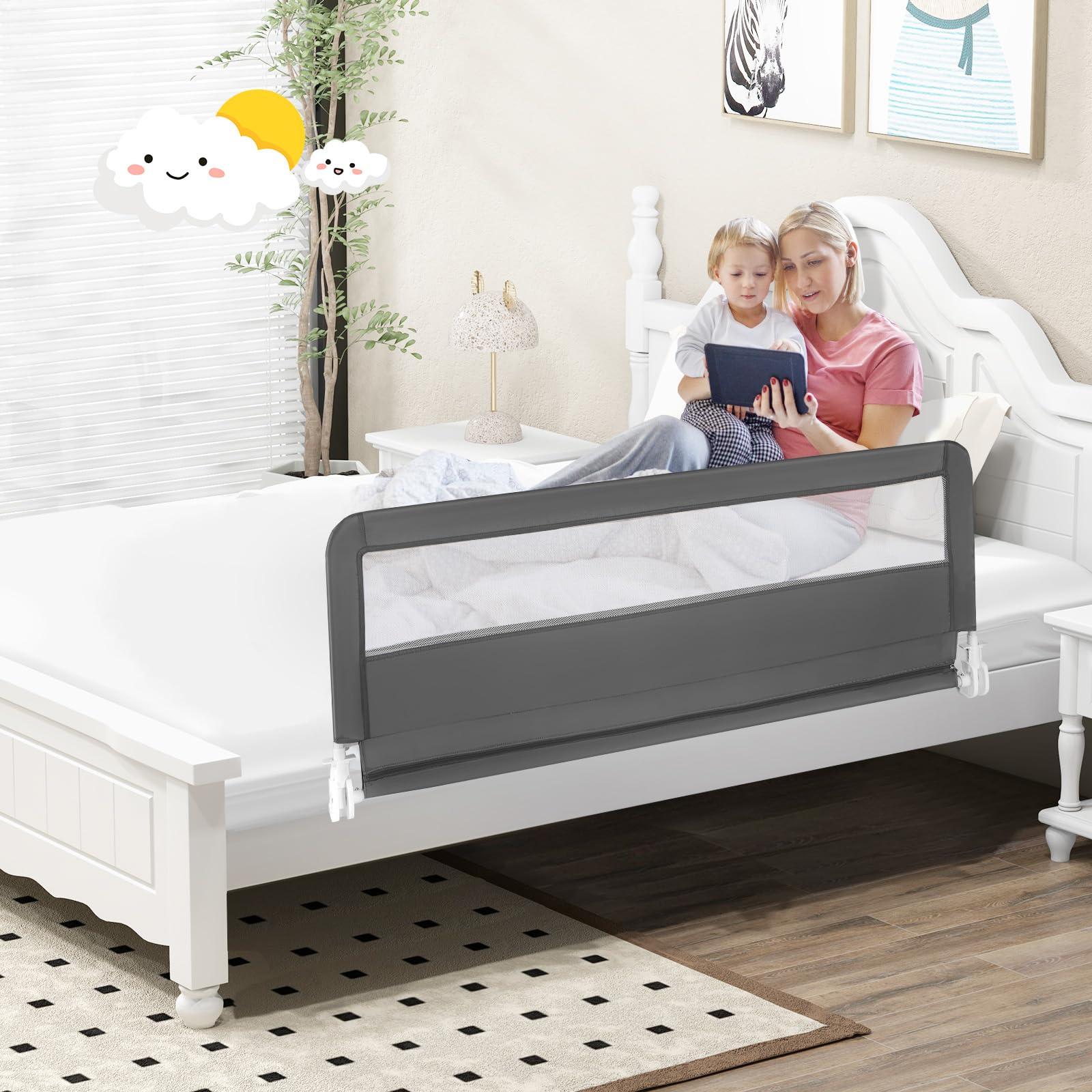 Costzon Extra Long Swing Down Bed Rail for Toddlers - 2 Pack Safety Bed Guards with Straps, Fits Convertible Crib, Twin, Full, Queen & King Size Beds - Foldable Baby Bed Rail (59 Inch, Gray) - Perfect for Toddler Safety & Transition from Crib to Big Kid Bed