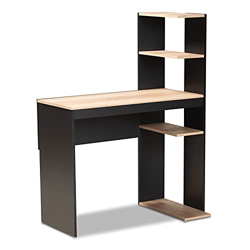 BOWERY HILL Dark Grey and Oak Wooden Desk with Storage Shelves - Perfect for Home Office, Study Room & Workspace Organization