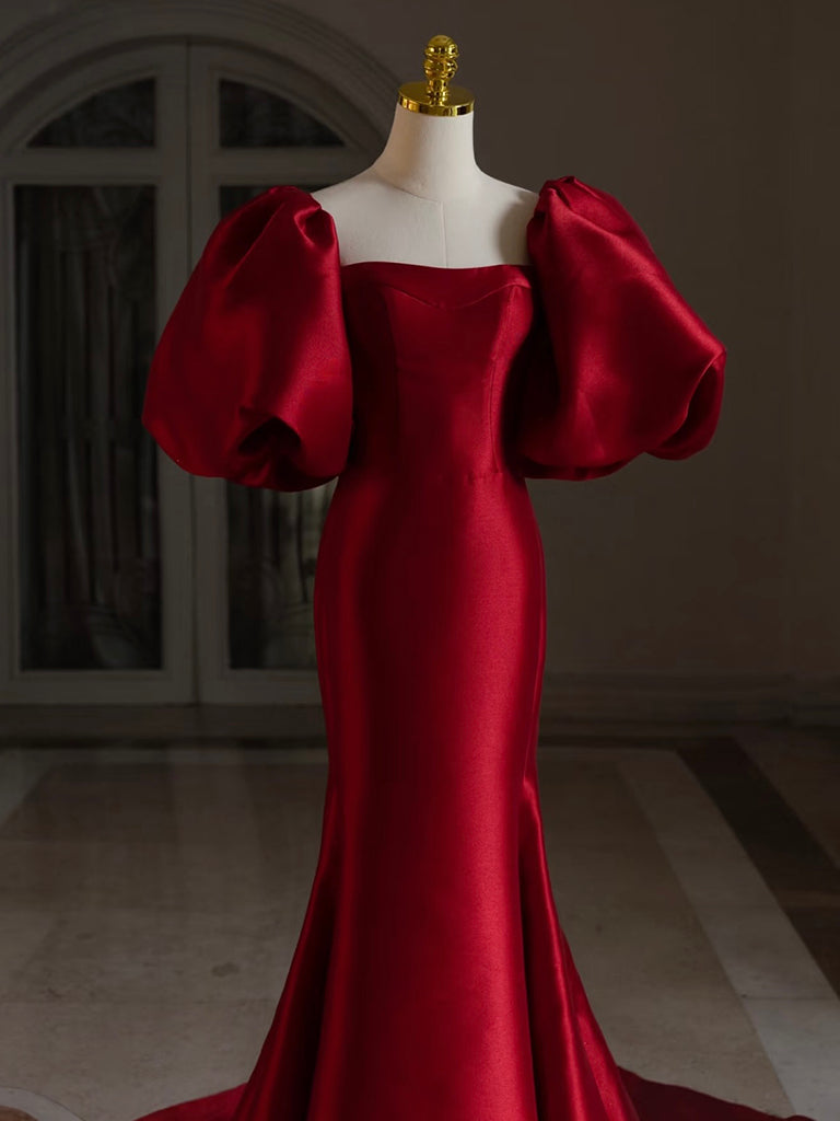 Elegant Burgundy Puff Sleeve Satin Long Prom Dress | Formal Evening Gown for Women | Perfect for Homecoming, Ball, and Special Occasions