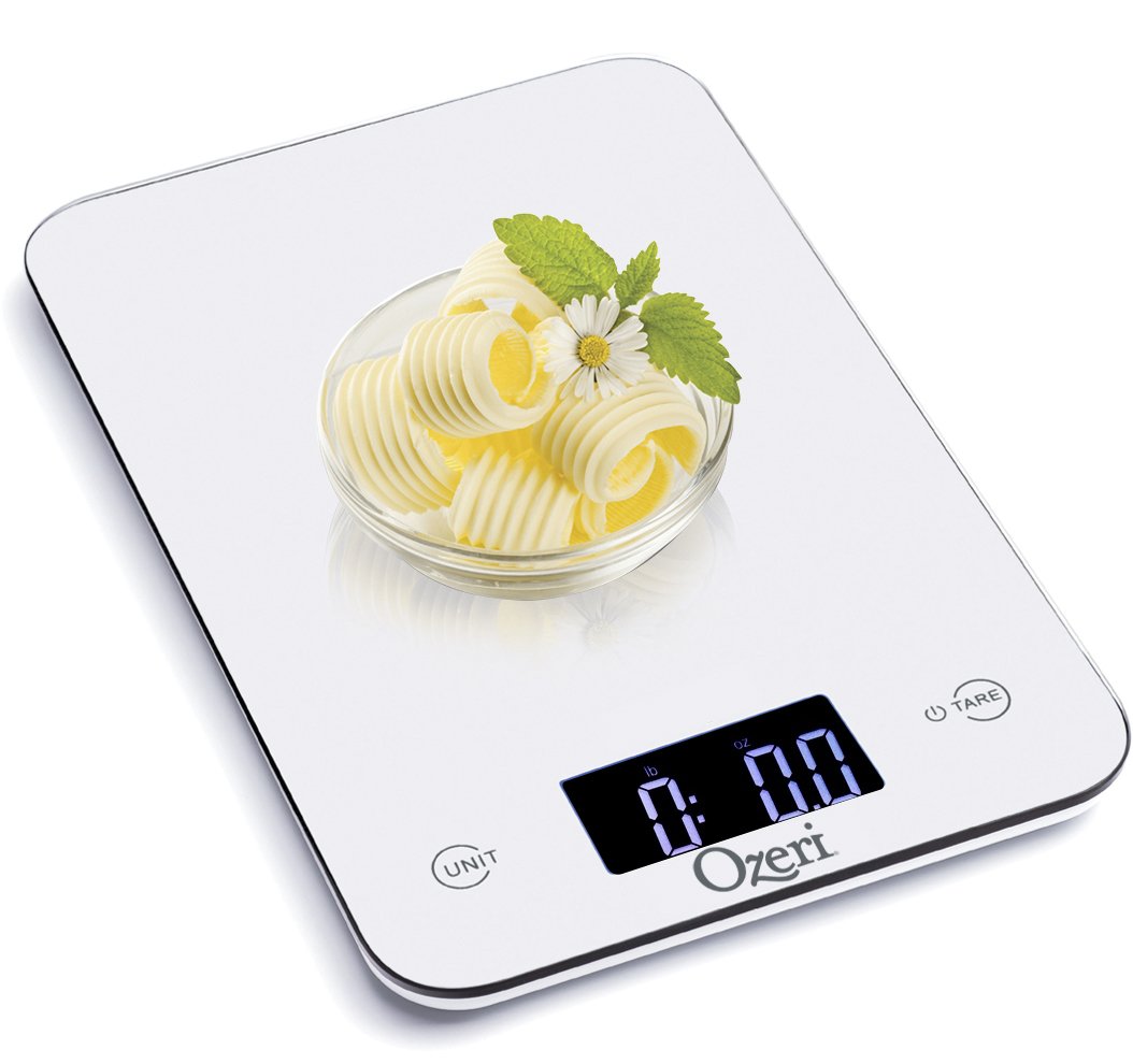 Ozeri Touch Professional Tempered Glass Digital Kitchen Scale - 11 lbs Capacity, 0.1 oz Precision, LCD Display - Perfect for Baking, Cooking, Meal Prep & Portion Control (White)