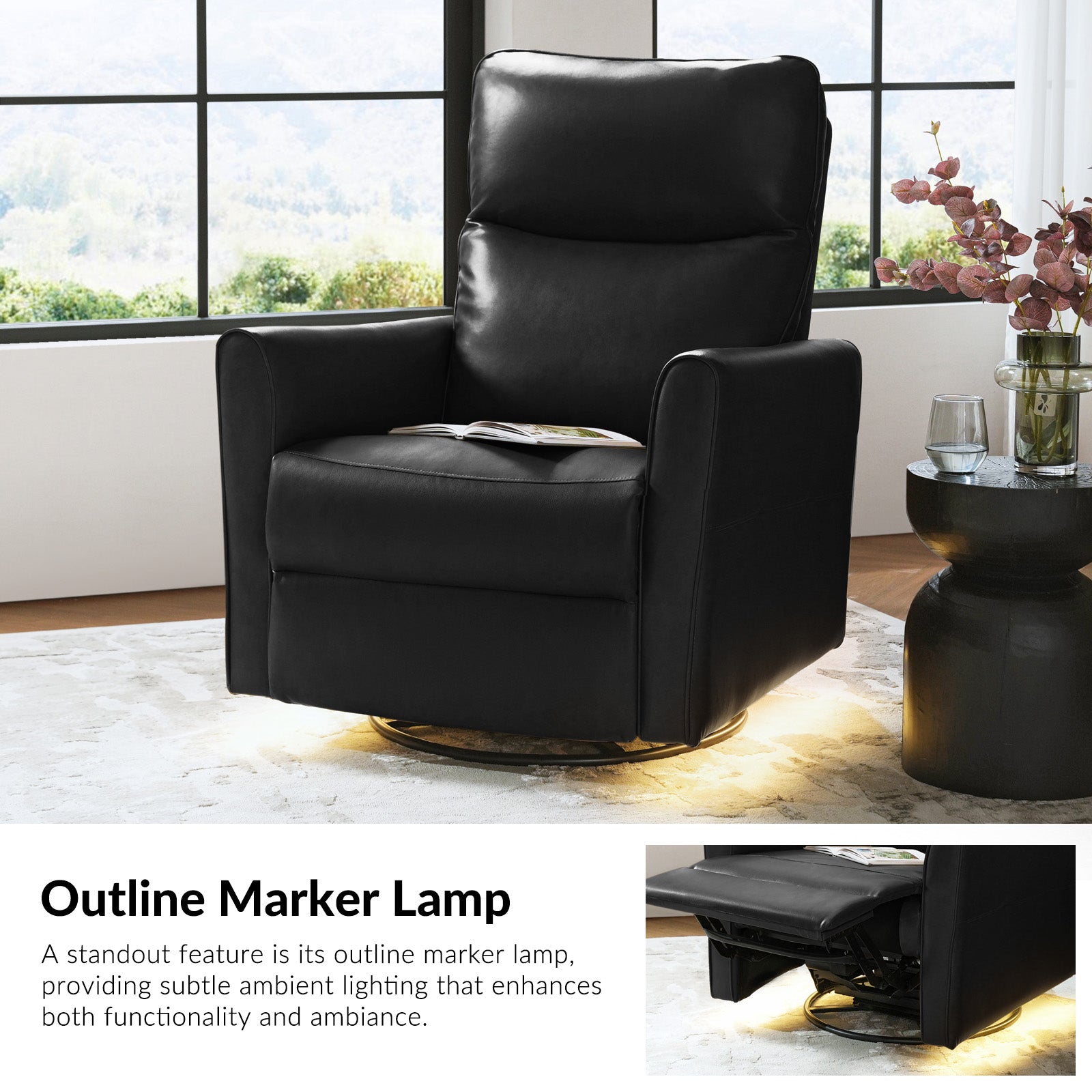 Modern Faux Leather Power Swivel Recliner Chair with USB Charging & Adjustable LED Reading Lamp - Perfect for Home Theater, Living Room & Office Relaxation