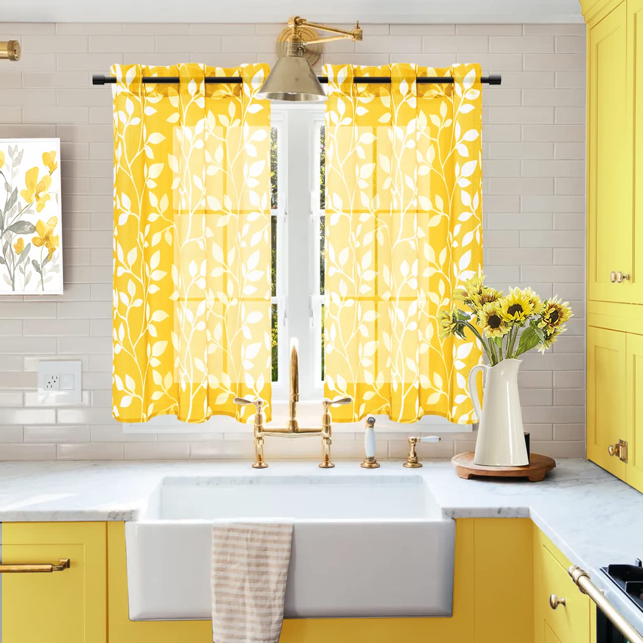 Yellow Kitchen Curtains for Windows - Decorative Sheer Leaf Spring Floral Pattern Sunflower Design, 36 x 48 Inch, Perfect for Bathroom & Kitchen Decor | Brighten Your Home with Cheerful Lemon & Sunflower Accents