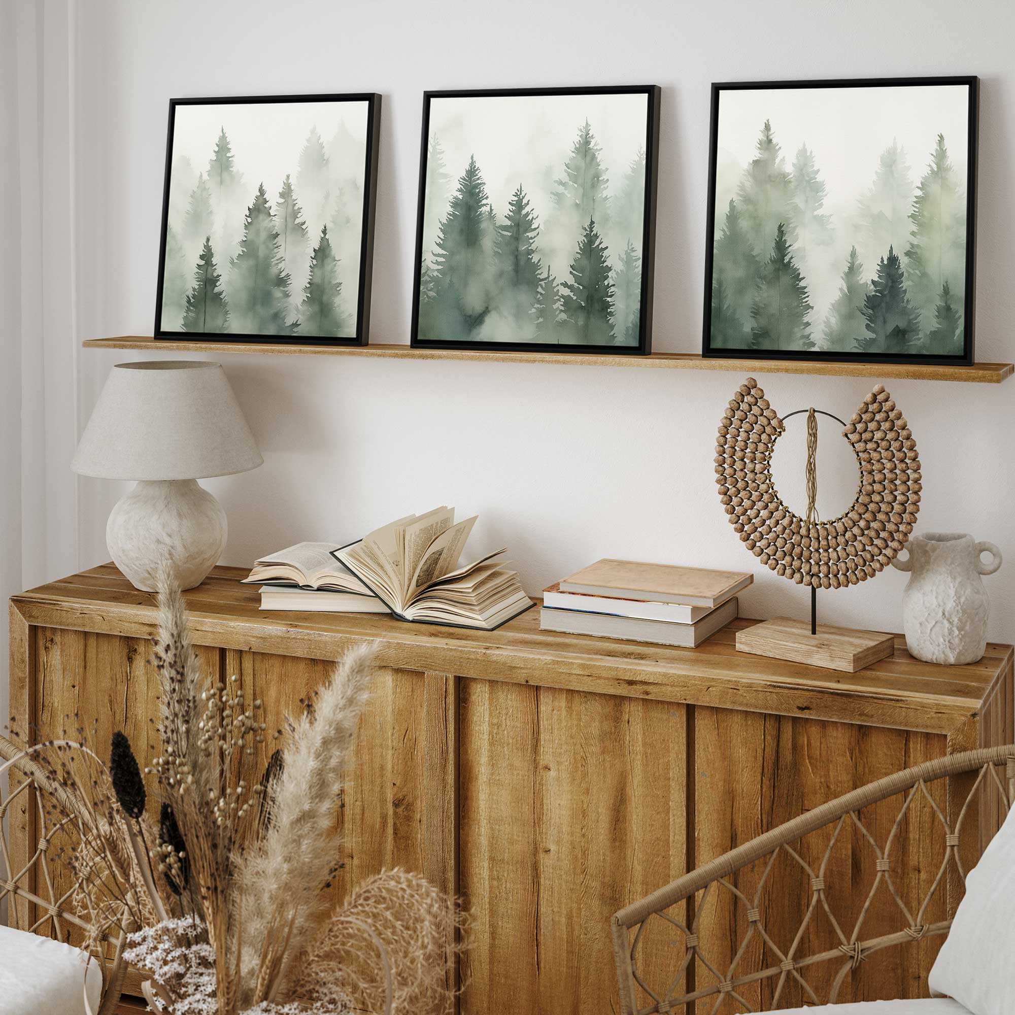 Green Haze Woodland Canvas Wall Art - Set of 3 Framed Prints for Living Room, Bedroom & Office Decor | Nature Landscape Painting | Ready to Hang