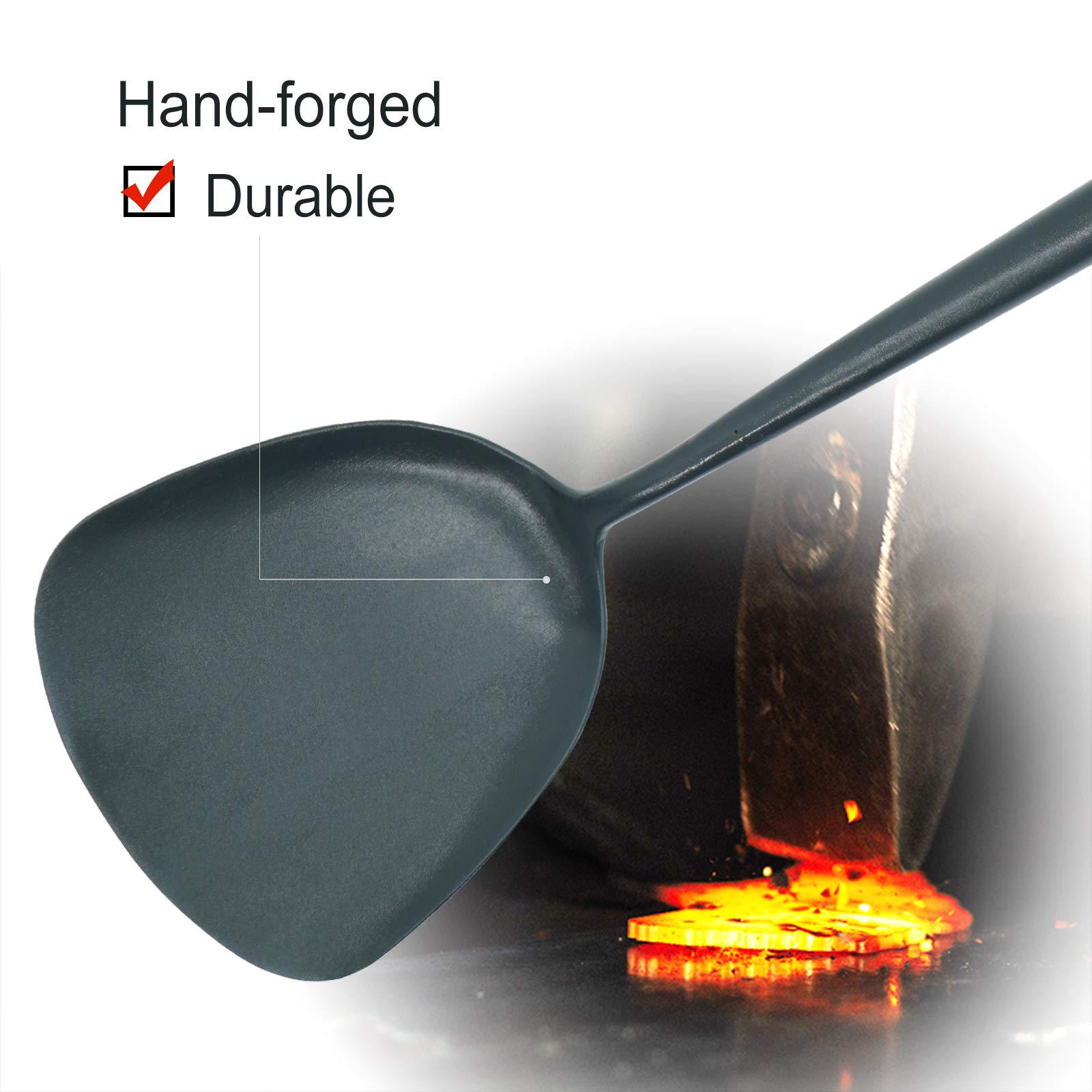 Traditional Hand Hammered Iron Wok Spatula with Long Rosewood Handle - Thickened Stir-Fry Turner, Anti-Scalding Spatula & Ladle for Asian Cooking - Perfect for Stir-Frying, Flipping, and Serving in Professional Kitchens & Home Cooking