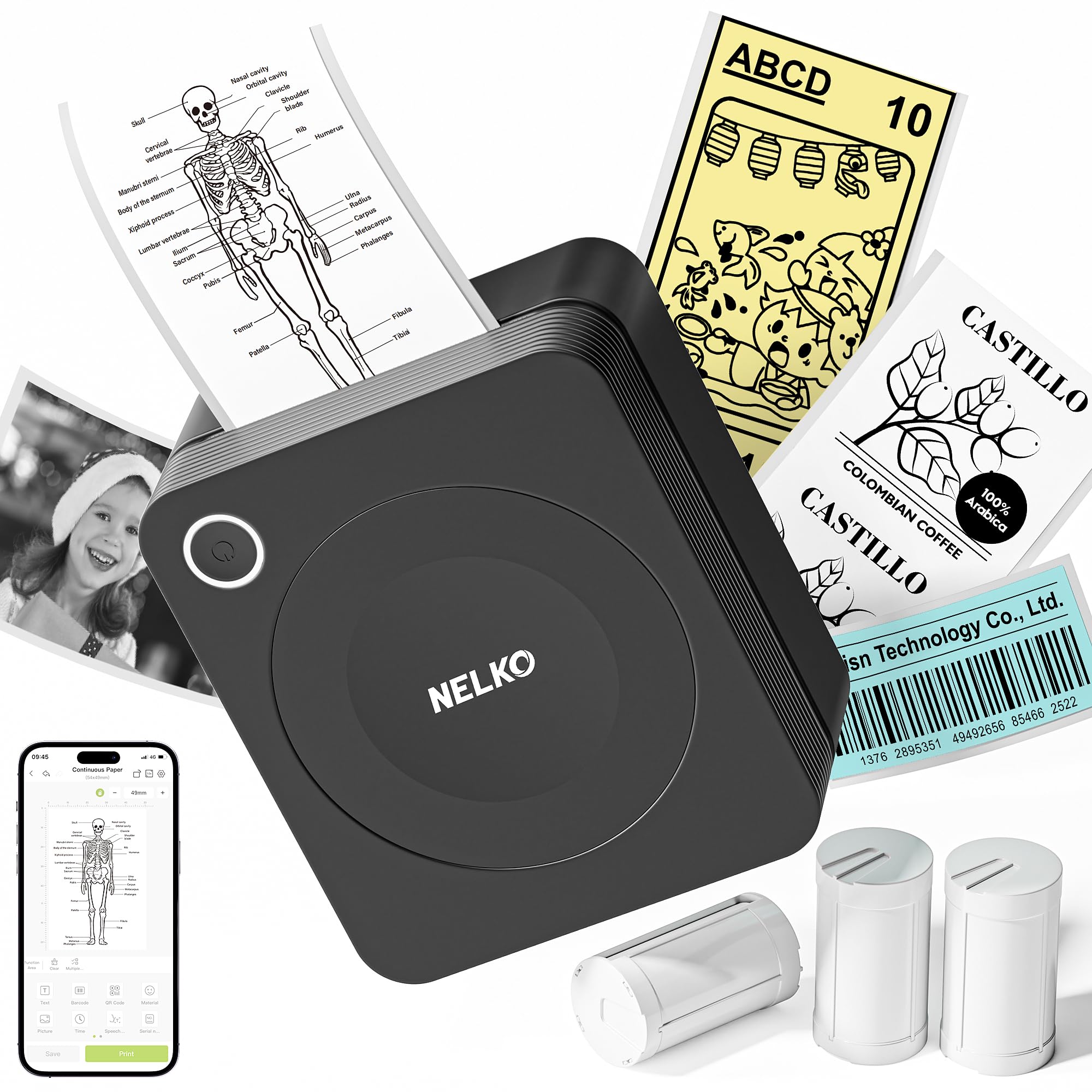 Nelko PM230 Print Pod Mini Bluetooth Sticker Printer - Portable Label Maker with 3 Paper Rolls & Multiple Templates for Phone, Tablet - Ideal for DIY Crafts, Scrapbooking & Home Organization (Black, 1 Pack)