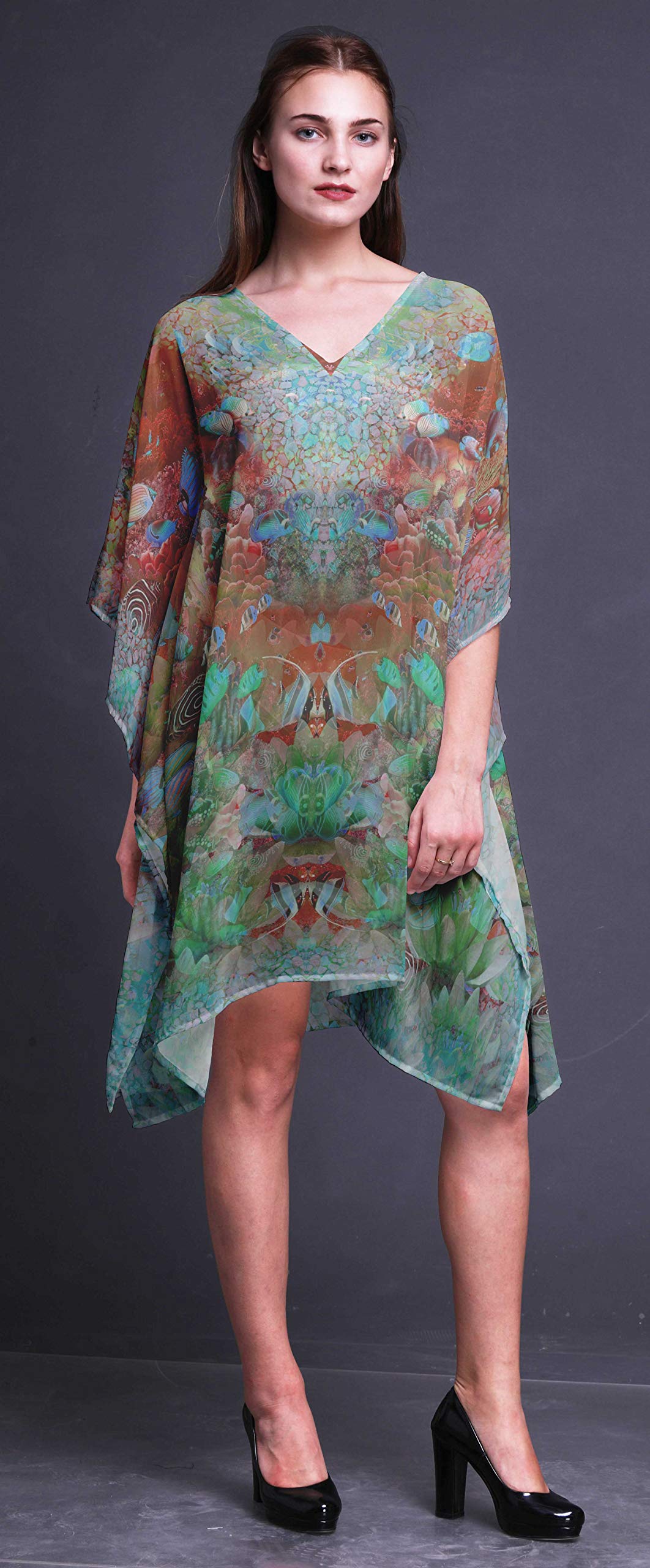 Women's Floral Short Beach Kaftan - Lightweight Bikini Cover Up Midi Dress for Summer Vacation, Pool Party & Beach Getaway