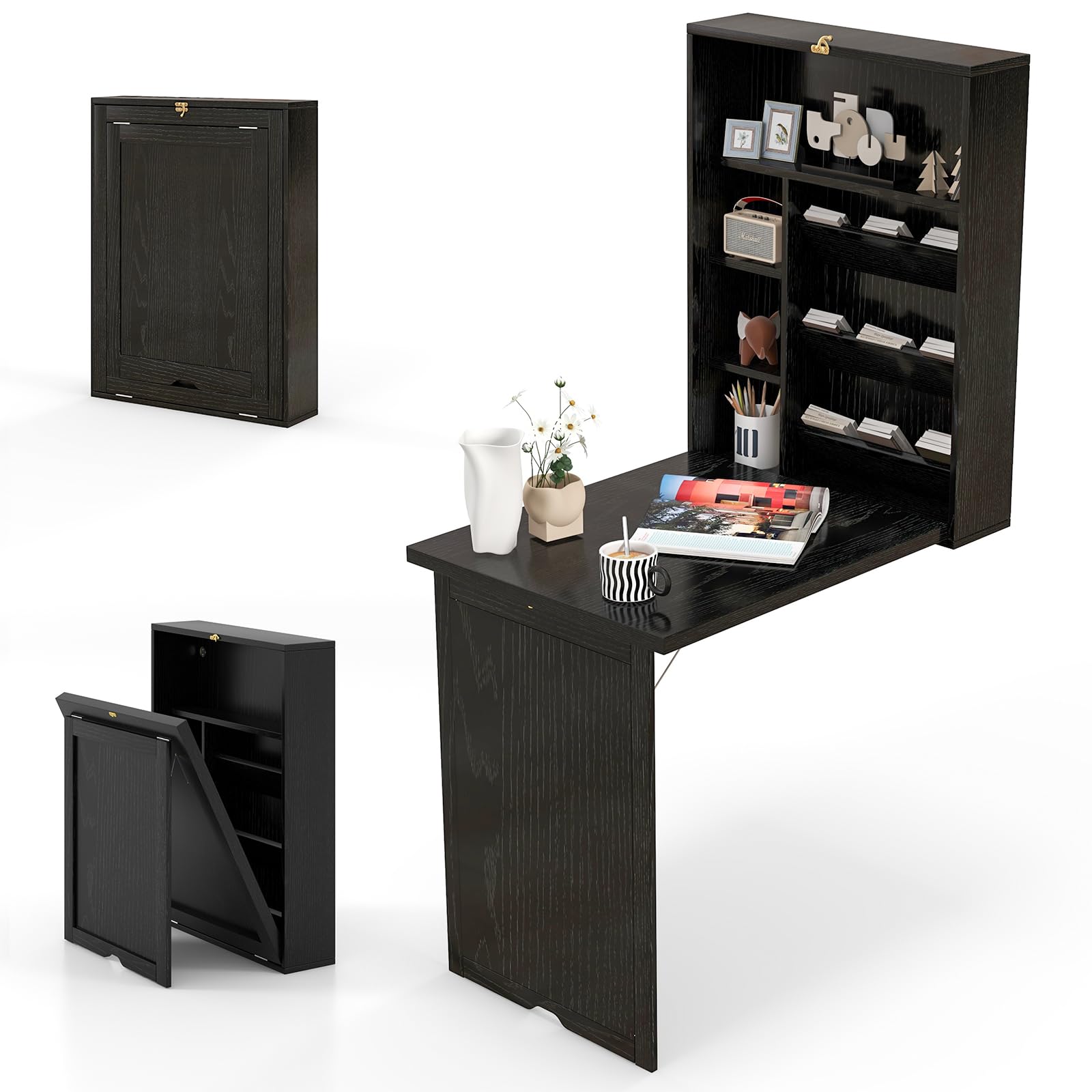 Tangkula Foldable Wall Mounted Desk with Storage Shelves & Hooks - Space Saving Floating Murphy Desk for Small Spaces, Home Office, Dorm Room - Perfect for Work, Study & Crafting in Compact Areas