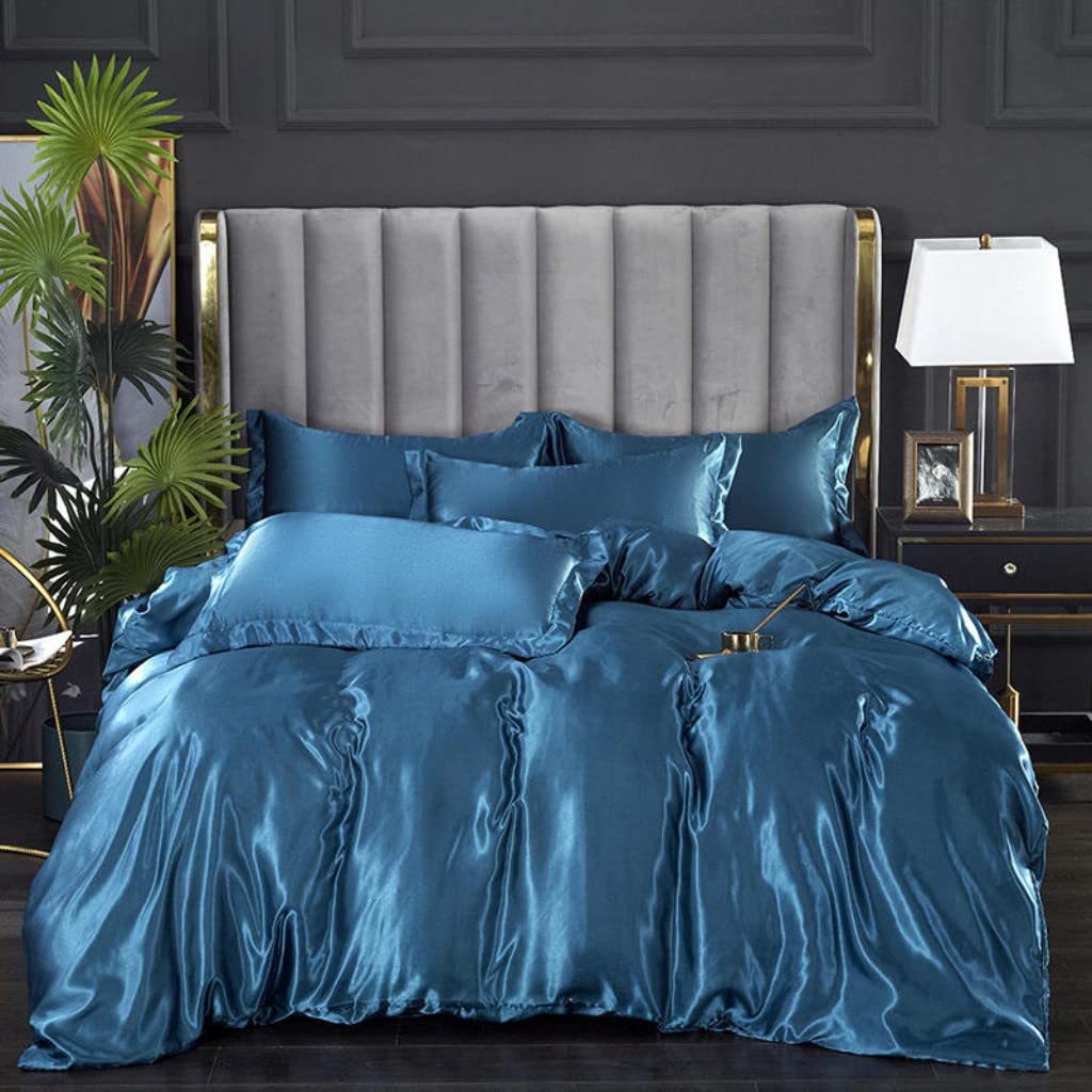 Luxury Blue Satin Bedding Set Full Size - Soft Silky Duvet Cover with Zipper Closure + 2 Pillowcases - Elegant Bedroom Decor for Women & Girls - Perfect for Master Bedrooms, Guest Rooms & Luxury Hotels