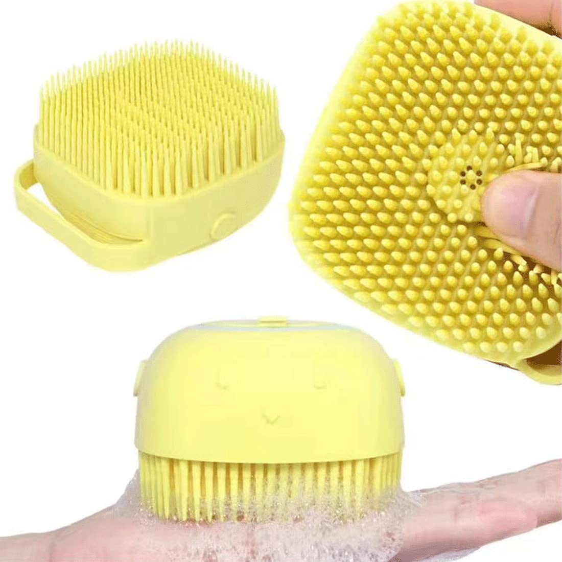 Reusable Silicone Body Brush with Shower Gel Dispenser - Soft Exfoliating Bath Massage Brush for Men, Women & Kids - Pet-Friendly Shower Loofah (Yellow) | Perfect for Spa Days, Gentle Skin Exfoliation & Relaxing Bath Time