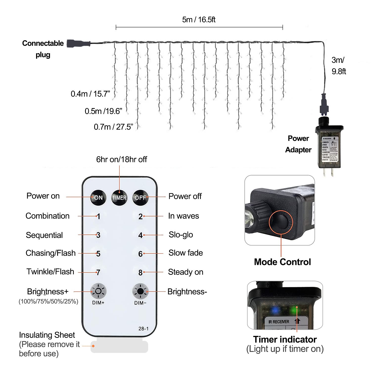 YOLIGHT 33ft 384 LED Icicle Christmas Lights with 72 Drops - Outdoor Waterproof Fairy Lights with Remote Control, 8 Lighting Modes for Window Curtain Decor - Perfect for Wedding, Party, Home, Garden, Roof & Holiday Decorations (White)