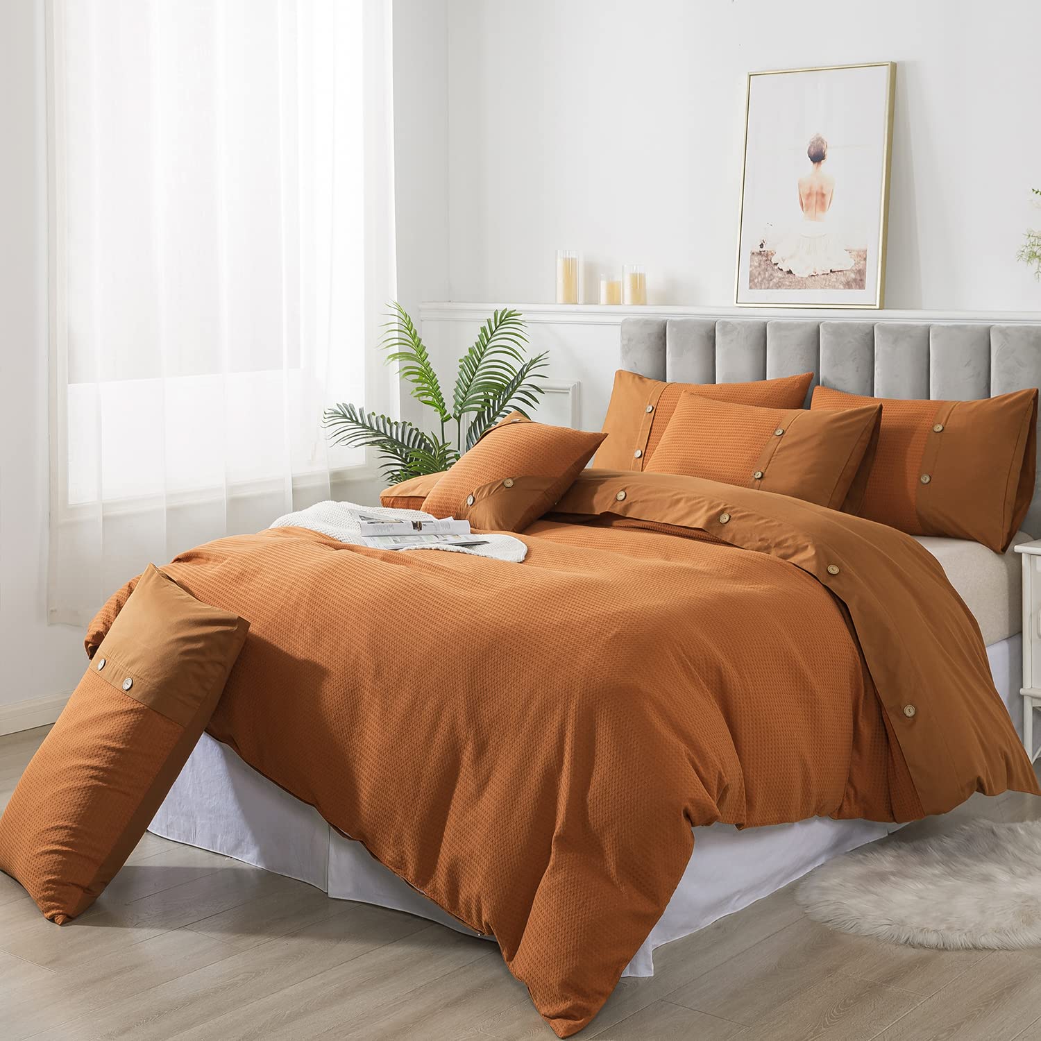 FADFAY Queen Size Burnt Orange Duvet Cover Set - 100% Cotton Waffle Weave Reversible Comforter Cover with Zipper Closure | Luxury Textured Terracotta Bedding | Soft, Breathable 3-Piece Set for All Seasons | Perfect for Master Bedroom, Guest Room & Cozy Home Decor