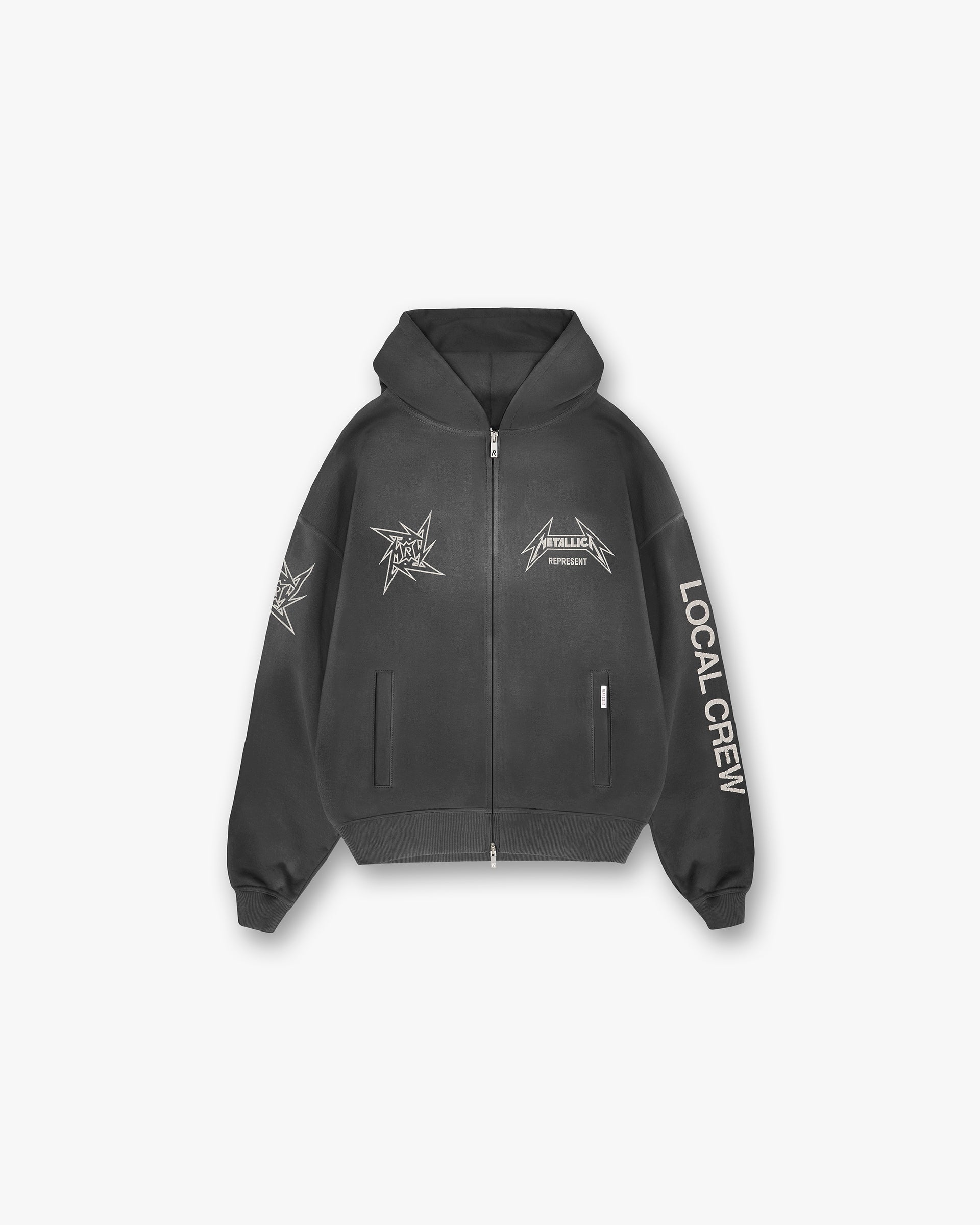 Represent X Metallica Local Crew Zip Hoodie - Stained Black | Vintage Rock Band Merch | Perfect for Concerts & Streetwear Fashion