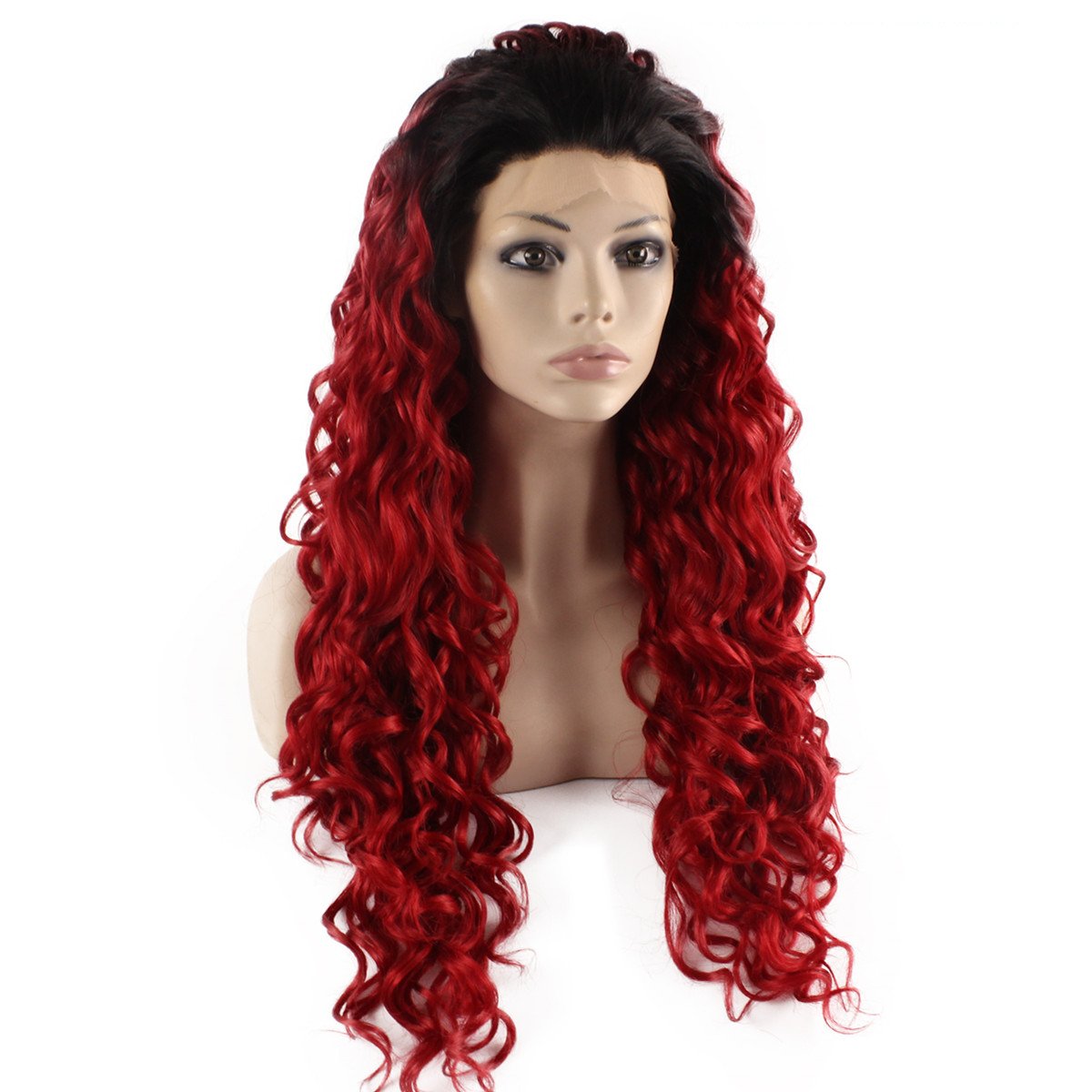 Mxangel Long Curly Dark Root Ombre Red Synthetic Lace Front Wig - Heat Resistant Cosplay Wig for Halloween, Parties & Costume Events
