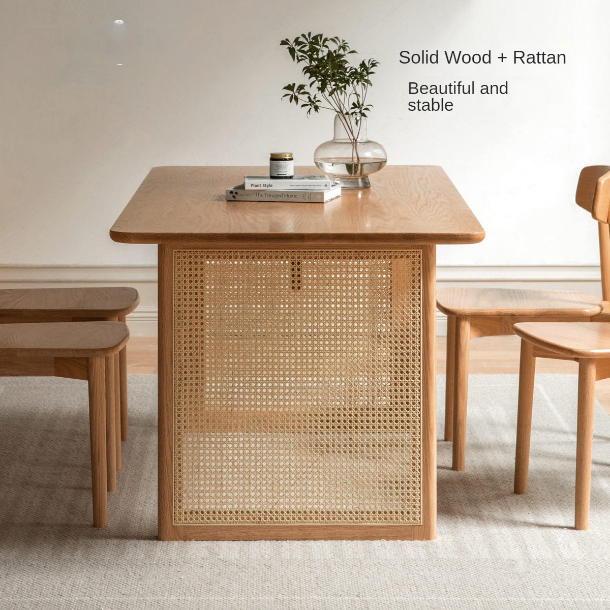 Solid Oak Wood Rattan Dining Table - Rustic Farmhouse Style for Indoor and Outdoor Use
