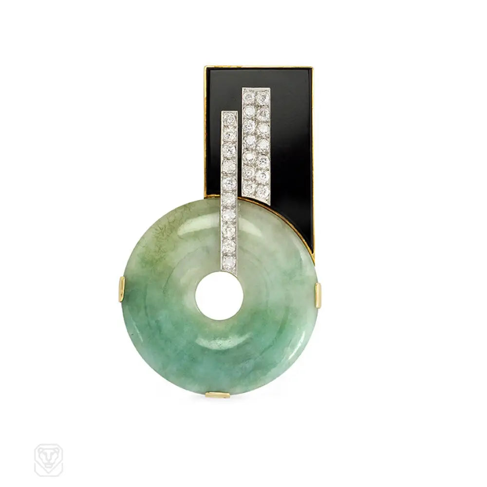 Vintage Art Deco Onyx, Jade & Diamond Brooch - Elegant Antique Jewelry for Weddings, Parties & Special Occasions