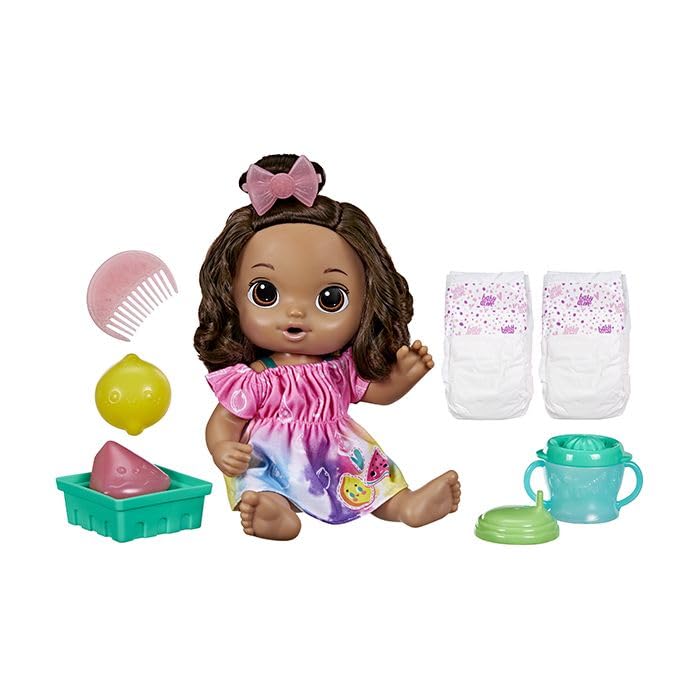 Baby Alive Fruity Sips Lemon Doll - 12-inch Interactive Baby Doll with Drink & Wet Feature, Pretend Juicer Toy for Girls Age 3+ (Brown Hair) - Perfect for Imaginative Play, Role Play & Gift Giving