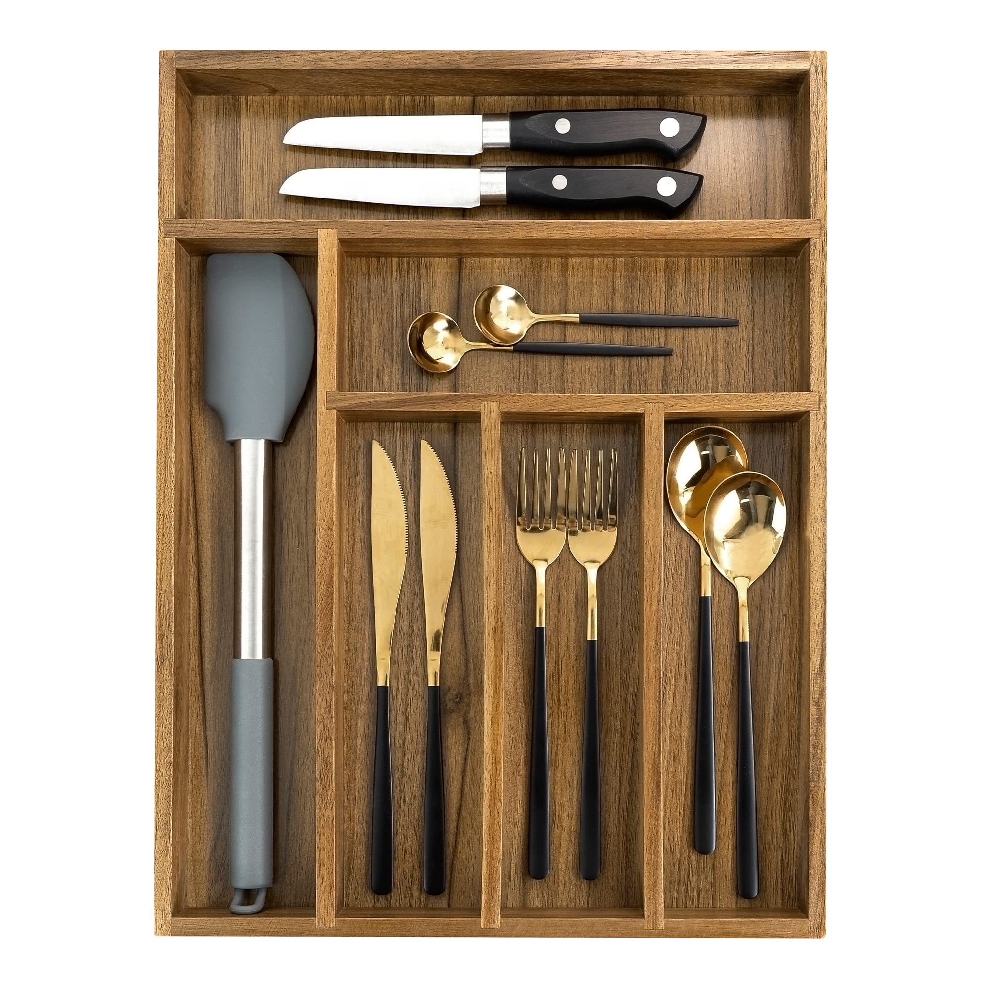 Premium Acacia Wood Kitchen Drawer Organizer - 6 Slot Silverware & Utensil Tray with Adjustable Dividers for Knives, Forks, Spoons | Perfect for Home Kitchen Organization & Dining Table Setting