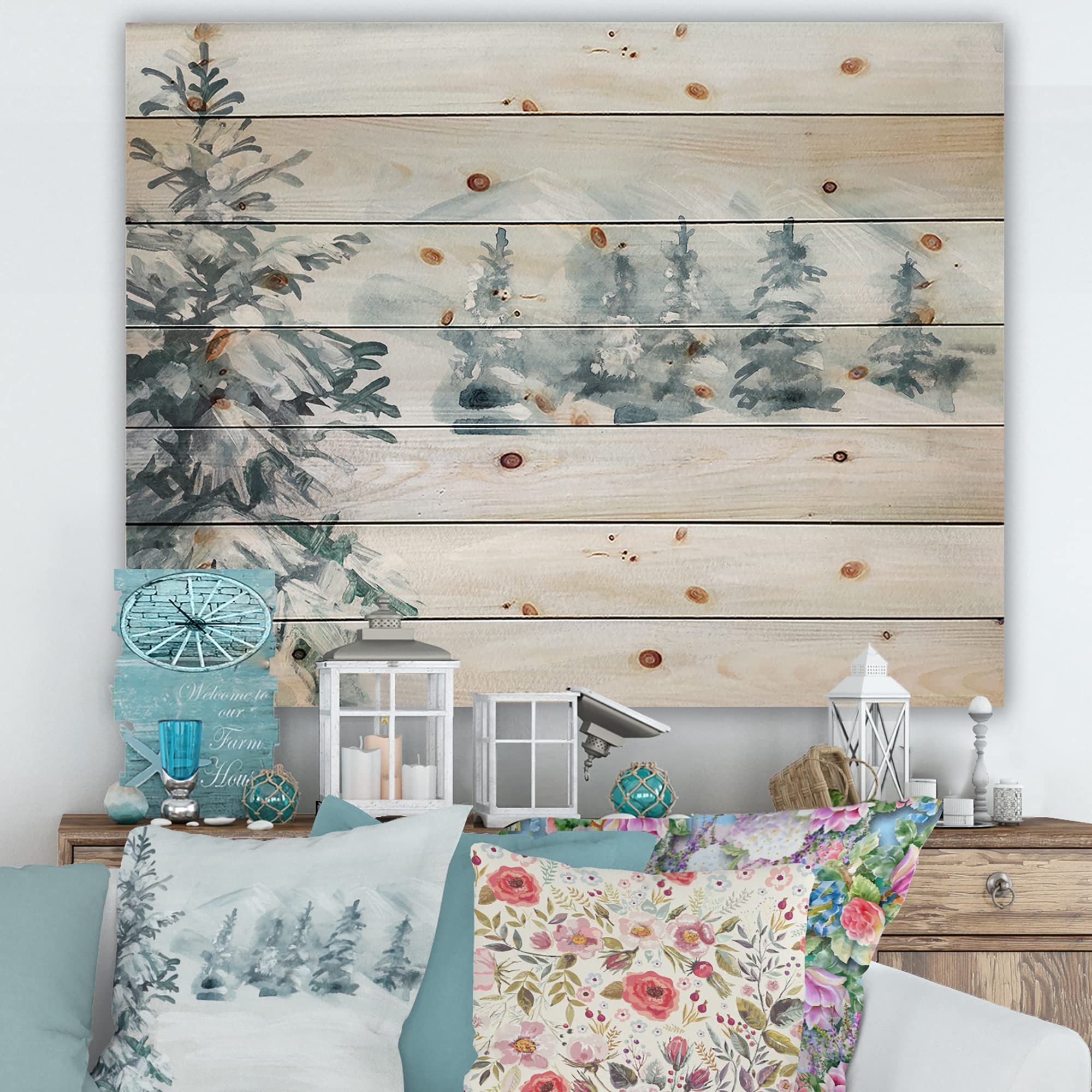 DesignQ Snowy Pine Trees Wood Wall Art - Traditional Blue Landscape Decor, Large Natural Pine Wood Wall Panels - Perfect for Living Room, Bedroom & Office Decor