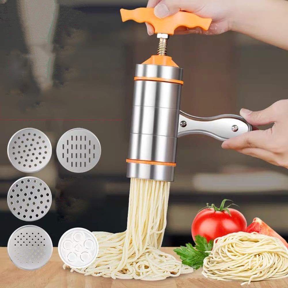 Premium Stainless Steel Manual Pasta Maker Machine - Hand Crank Noodle Press with 5 Interchangeable Molds for Homemade Spaghetti, Fettuccine & Lasagna | Perfect for Italian Cooking, Family Dinners & Restaurant-Quality Pasta at Home