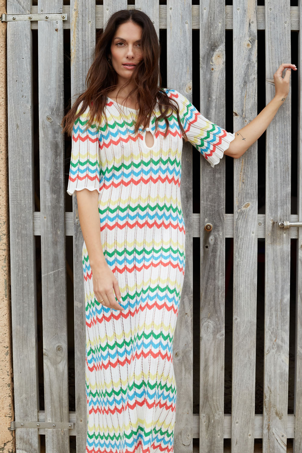 Soft Cream Cotton Chevron Stitch Dress for Women - Perfect for Summer Outings & Beach Vacations