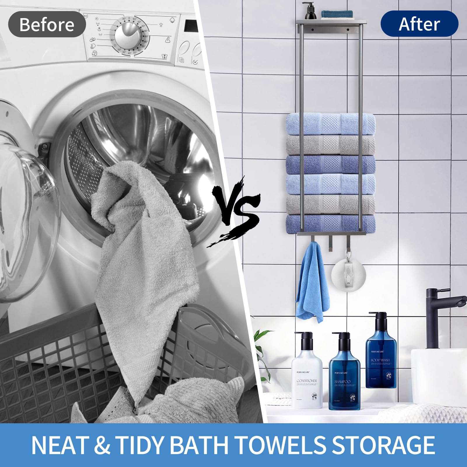 Premium Wall Mounted Towel Rack - Silver Metal Bathroom Organizer with Shelf & 3 Removable Hooks for Rolled Towels - Perfect for Small Bathrooms, Apartments, and Spa-Style Decor