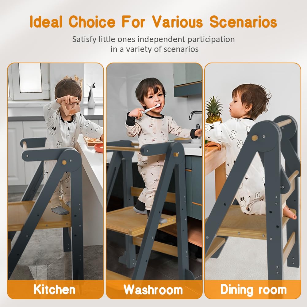 Foldable Toddler Learning Tower - Adjustable Height Step Stool with Safety Rails & Anti-Tip Design for Kitchen Helper | Perfect for Baking, Cooking & Playtime Activities for Toddlers & Kids