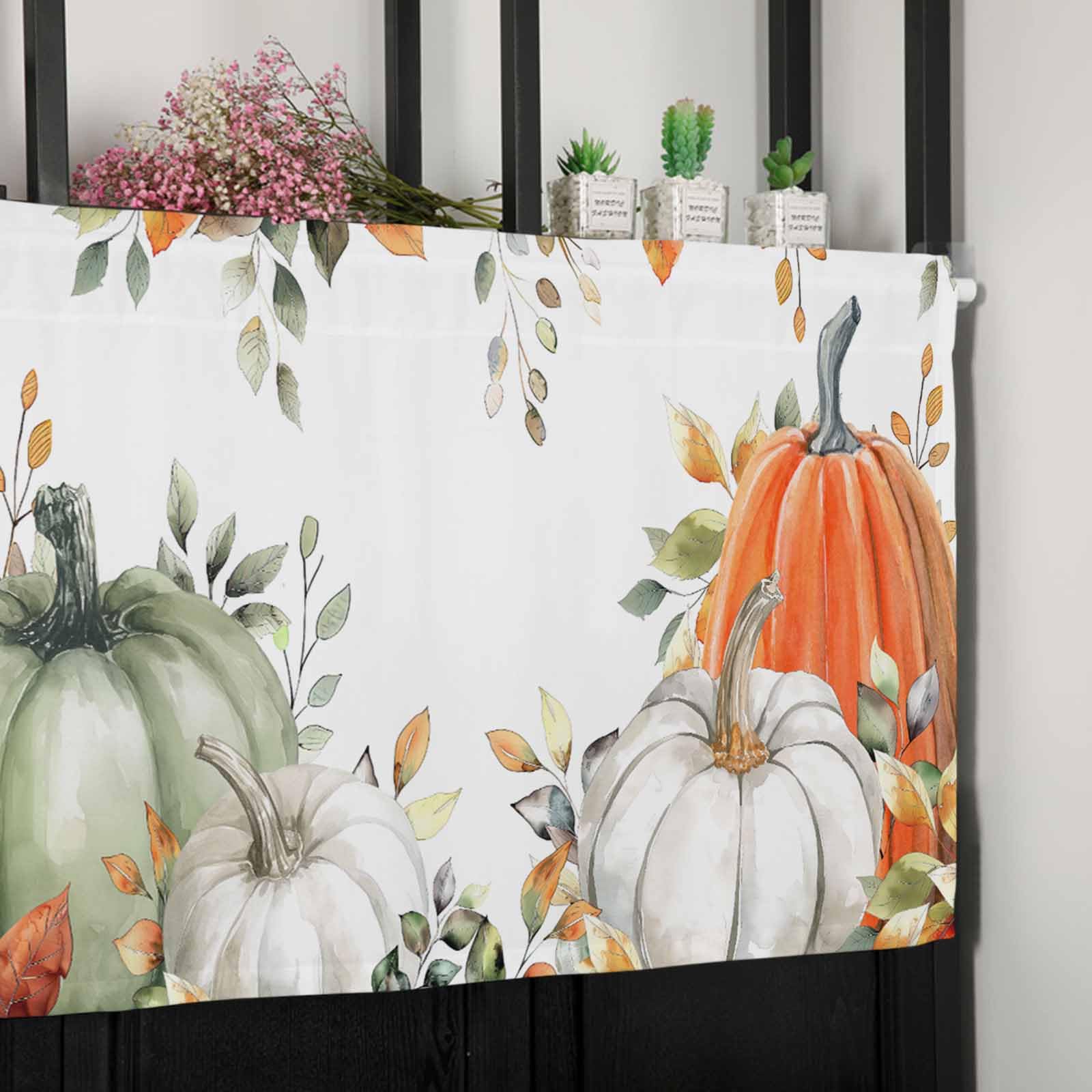 Fall Window Valance - Thanksgiving Curtain Valance in Green & Orange with Pumpkin & Eucalyptus Leaf Design - 54x18 Inch Autumn Window Treatment for Kitchen, Living Room, Bedroom - Perfect for Holiday Decor & Seasonal Home Styling