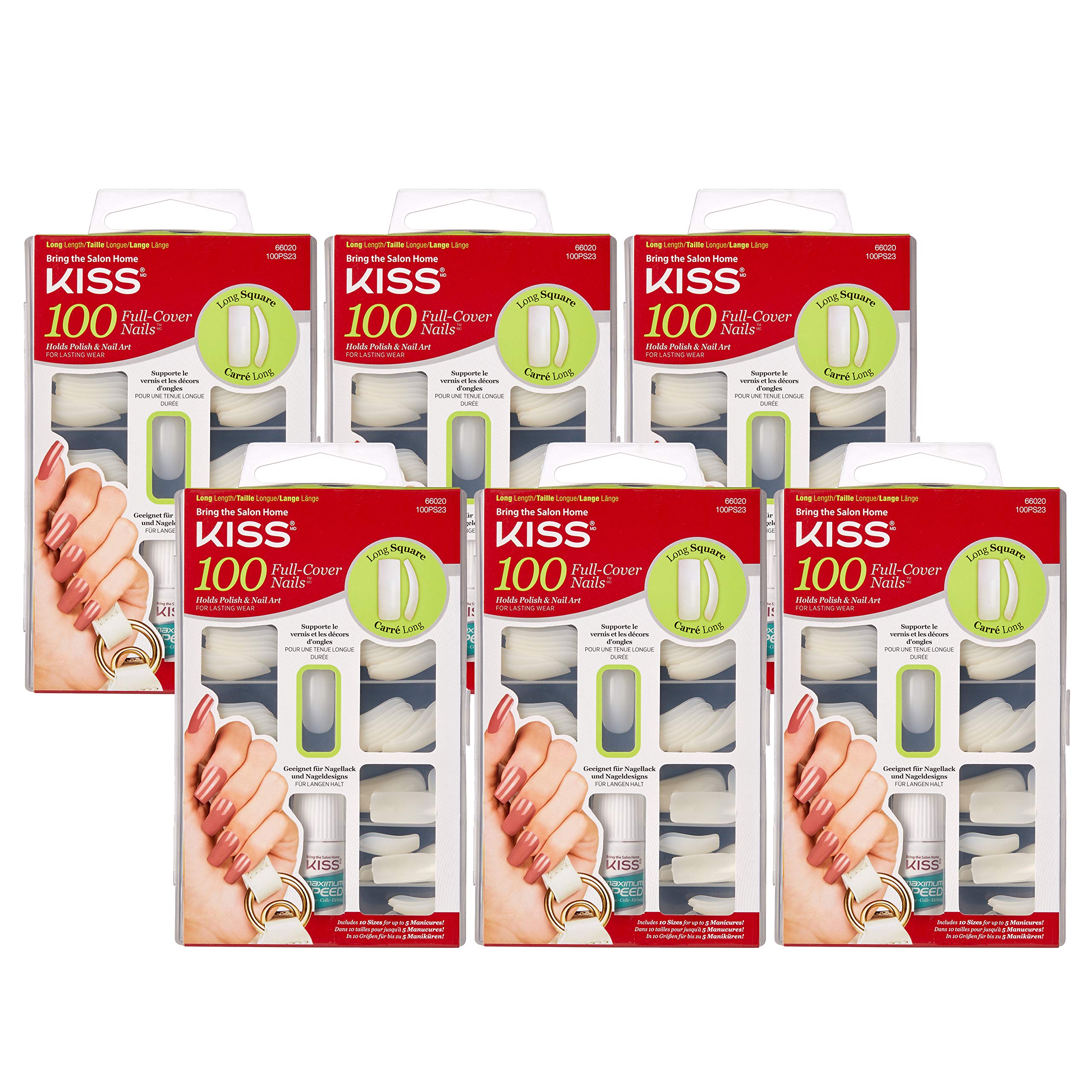 Kiss 100 Full Cover False Nails Long Square Shape - 6 Pack Acrylic Press On Nails for Women, Natural Looking Artificial Nails for Parties, Weddings & Special Occasions