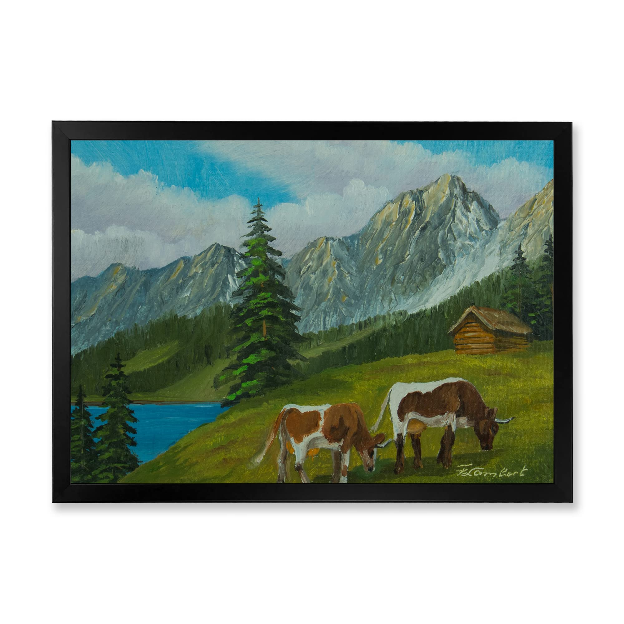 Farmhouse Framed Wall Art - Mountain Landscape with Cows on Green Meadow - Perfect for Living Room, Bedroom & Country Style Home Decor