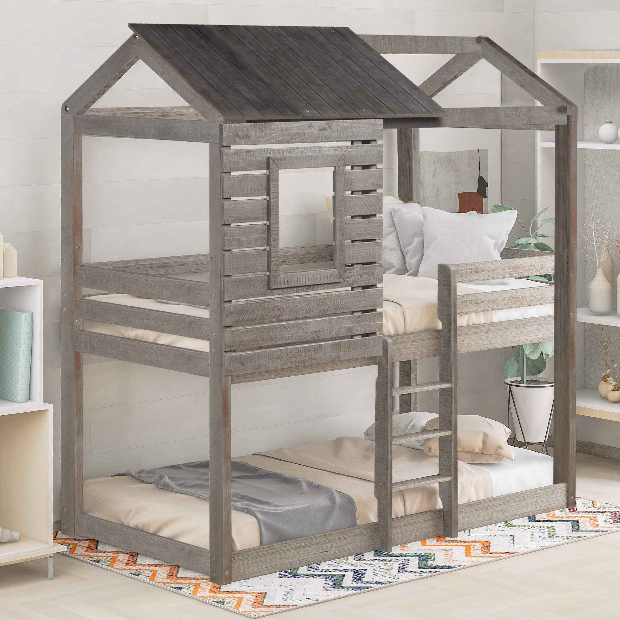 Twin Over Twin Bunk Bed with Roof & Ladder - Solid Wood Loft Bed with Window & Guardrail, Space-Saving Bedroom Furniture for Kids & Teens (Antique Gray) - Perfect for Small Rooms, Shared Bedrooms & Sleepovers