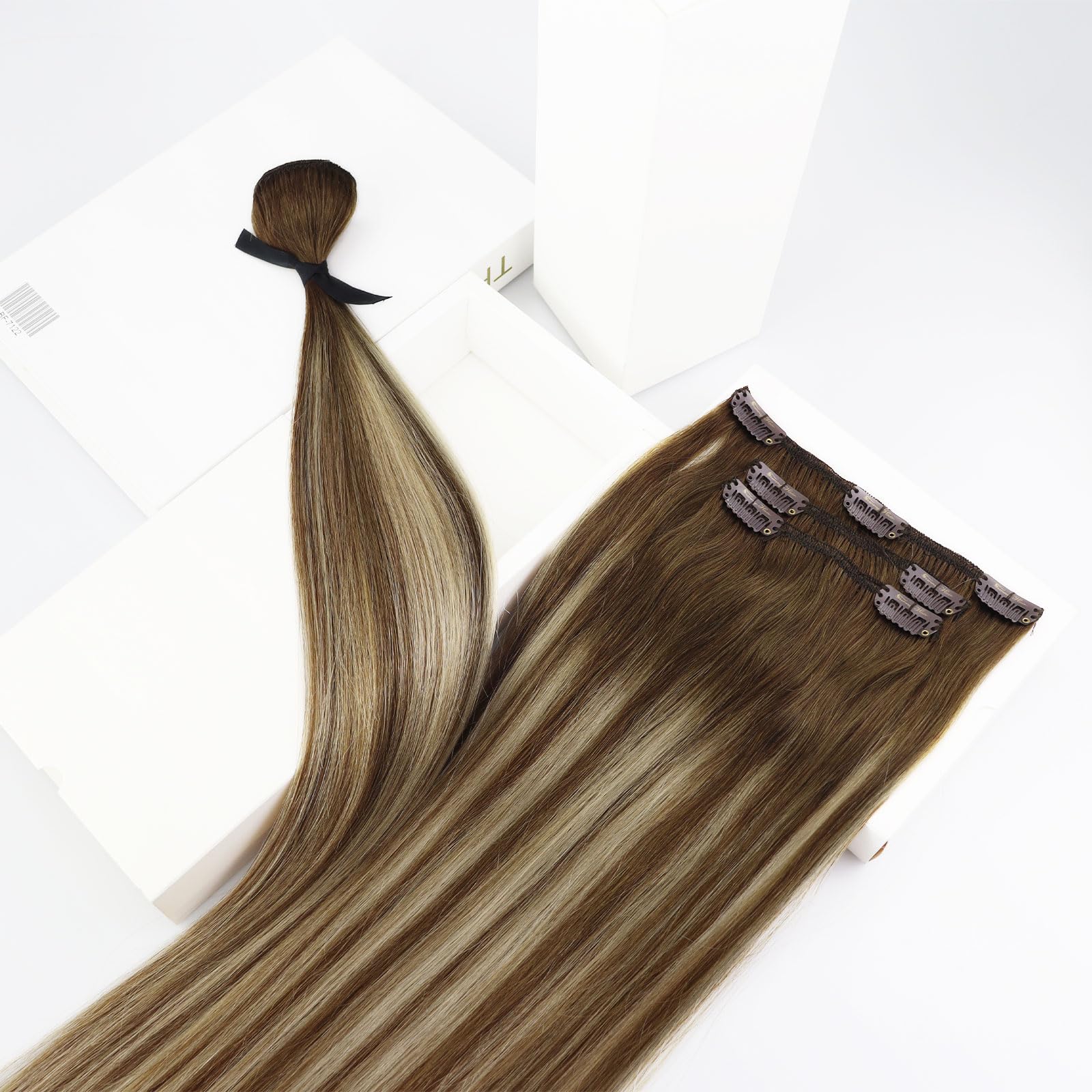 Ve Sunny 18 Inch 7-Piece Clip-In Human Hair Extensions - Balayage Chestnut Brown to Blonde Ombre, Double Weft Remy Hair (120g) for Volume & Length - Perfect for Parties, Weddings & Everyday Styling