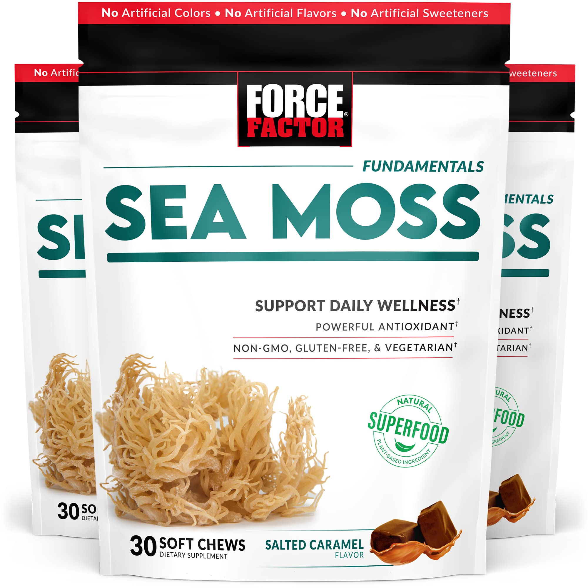 FORCE FACTOR Sea Moss Soft Chews - Immune Support & Heart Health Supplement | Irish Sea Moss Superfood with Antioxidants | Non-GMO, Gluten-Free, Salted Caramel Flavor | 90 Soft Chews (3 Packs, 18 oz) | Perfect for Daily Wellness & On-the-Go Nutrition
