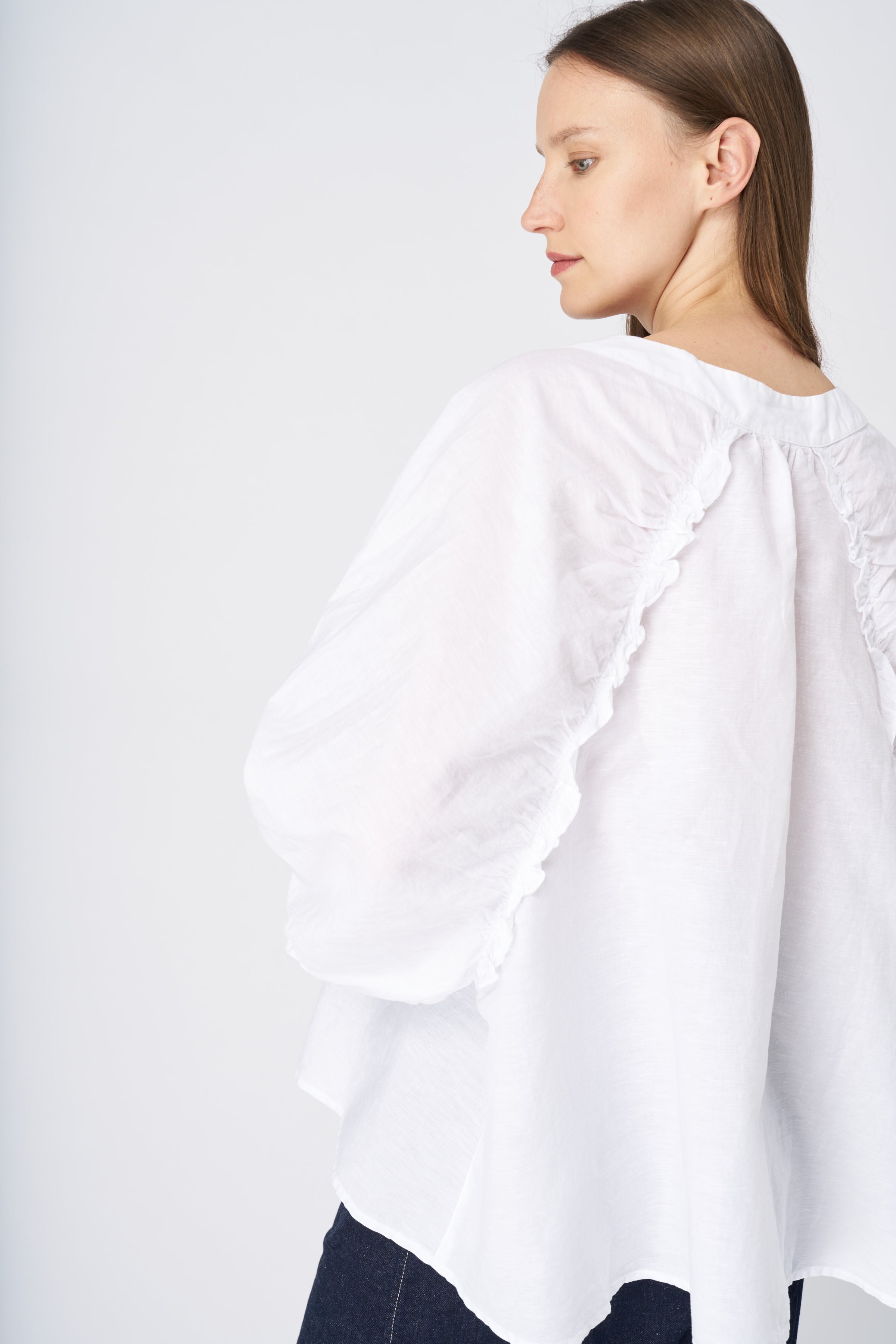 Elegant Ruffled Neckline Linen Peasant Blouse - Women's Boho Chic Top for Summer, Beach & Casual Outings