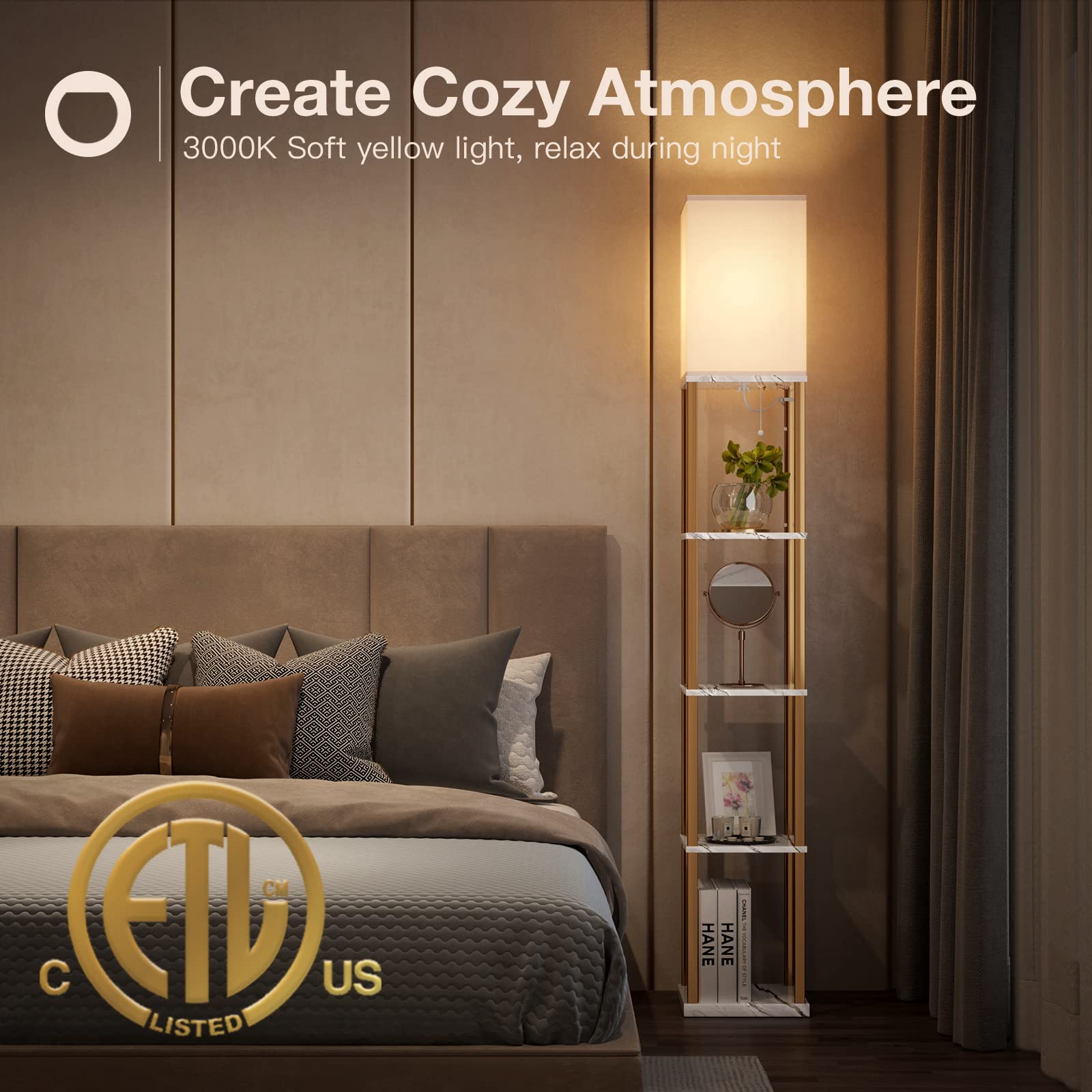 Addlon 5-Tier Modern Shelf Floor Lamp with 3CCT LED Bulb - Marble Texture & Gold Frame Display Lamp for Living Room, Bedroom, Office - Perfect for Reading, Decor & Ambient Lighting